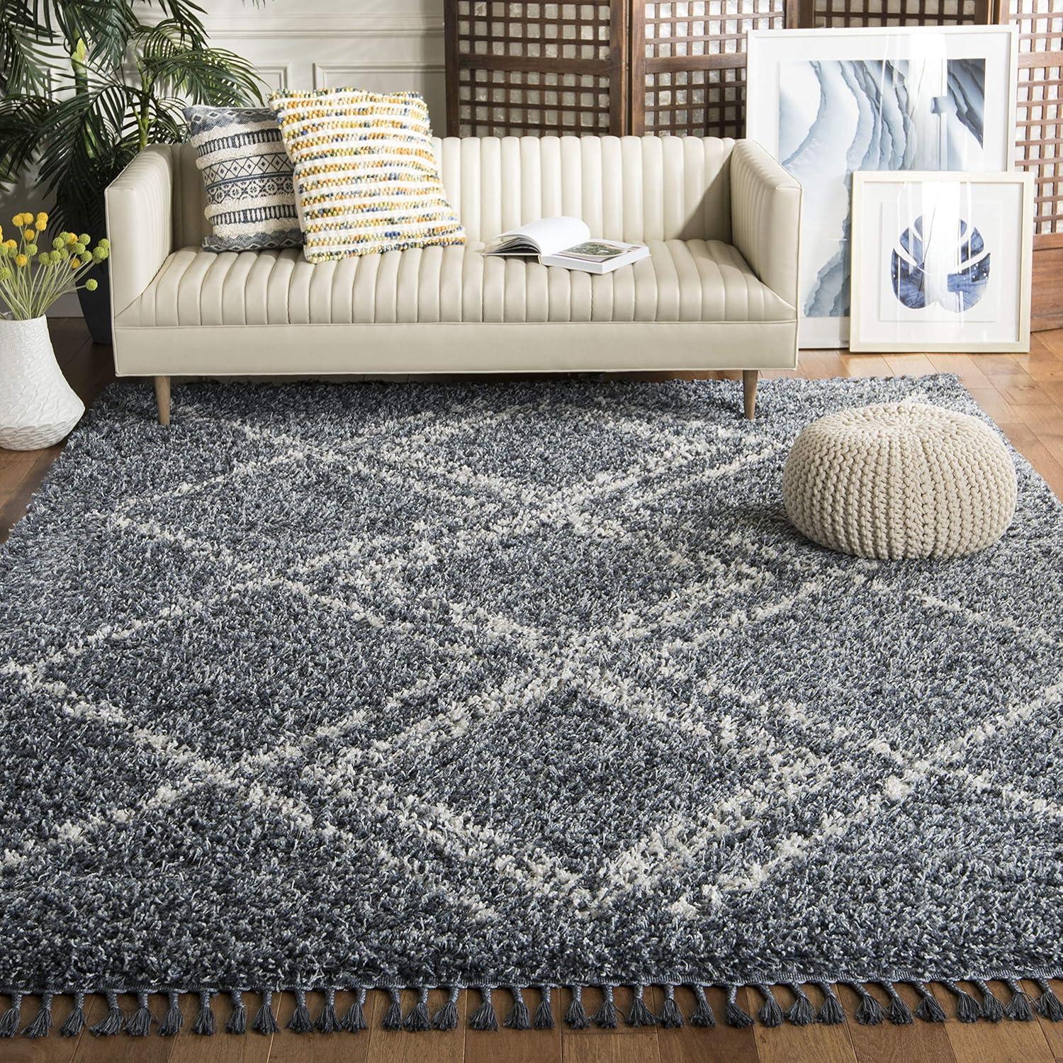image:imageSAFAVIEH Pro Luxe Shag Collection Area Rug 5 x 8 Blue amp Creme Moroccan Boho Tassel Design NonShedding amp Easy Care 24inch Thick Ideal for High Traffic Areas in Living Room Bedroom PLX432LBlueCreme