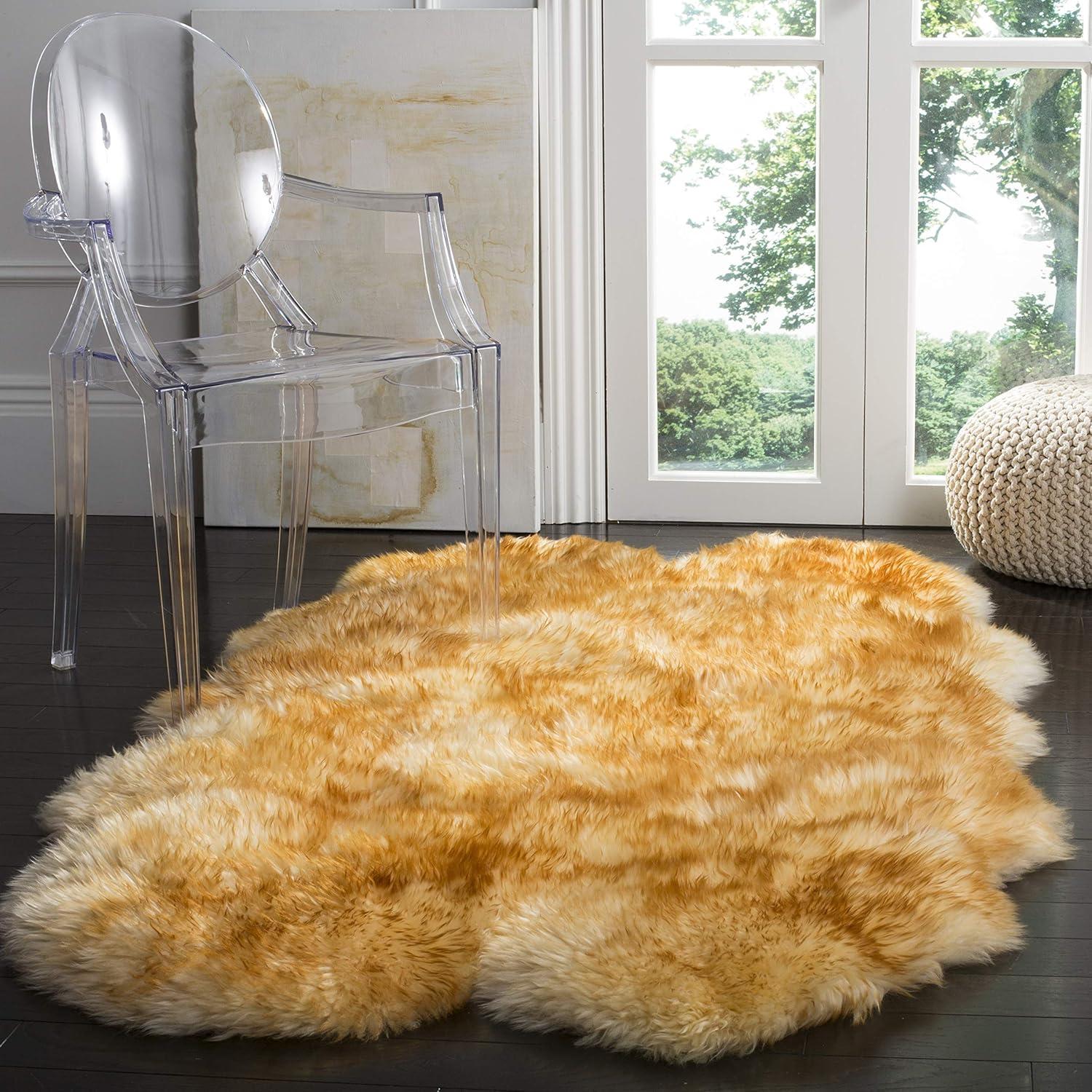 image:imageSAFAVIEH Sheep Skin Collection Accent Rug 3 x 5 Steel Blue Handmade Rustic Glam Genuine Pelt 34inch Thick Ideal for High Traffic Areas in Entryway Living Room Bedroom SHS121BChampagneCopper Brown