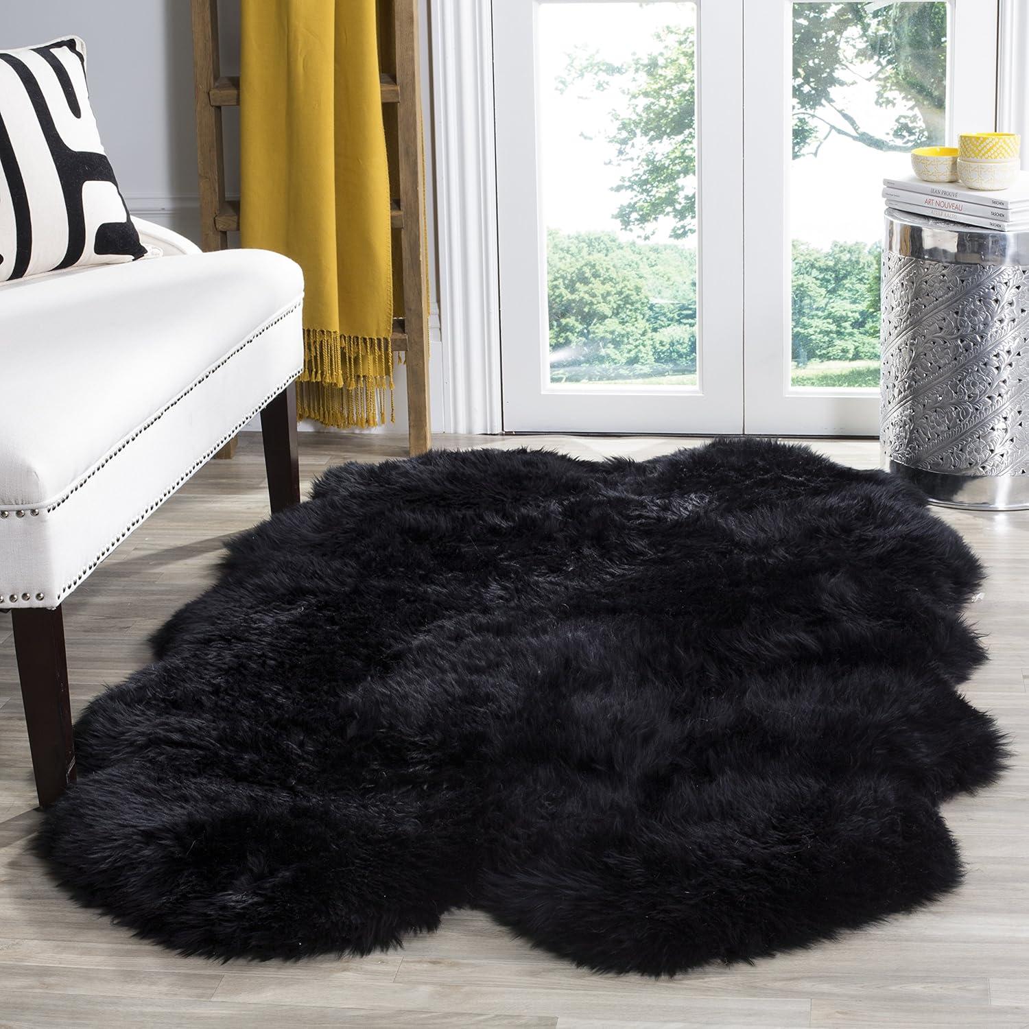 image:imageSAFAVIEH Sheep Skin Collection Accent Rug 3 x 5 Steel Blue Handmade Rustic Glam Genuine Pelt 34inch Thick Ideal for High Traffic Areas in Entryway Living Room Bedroom SHS121BMidnight Black