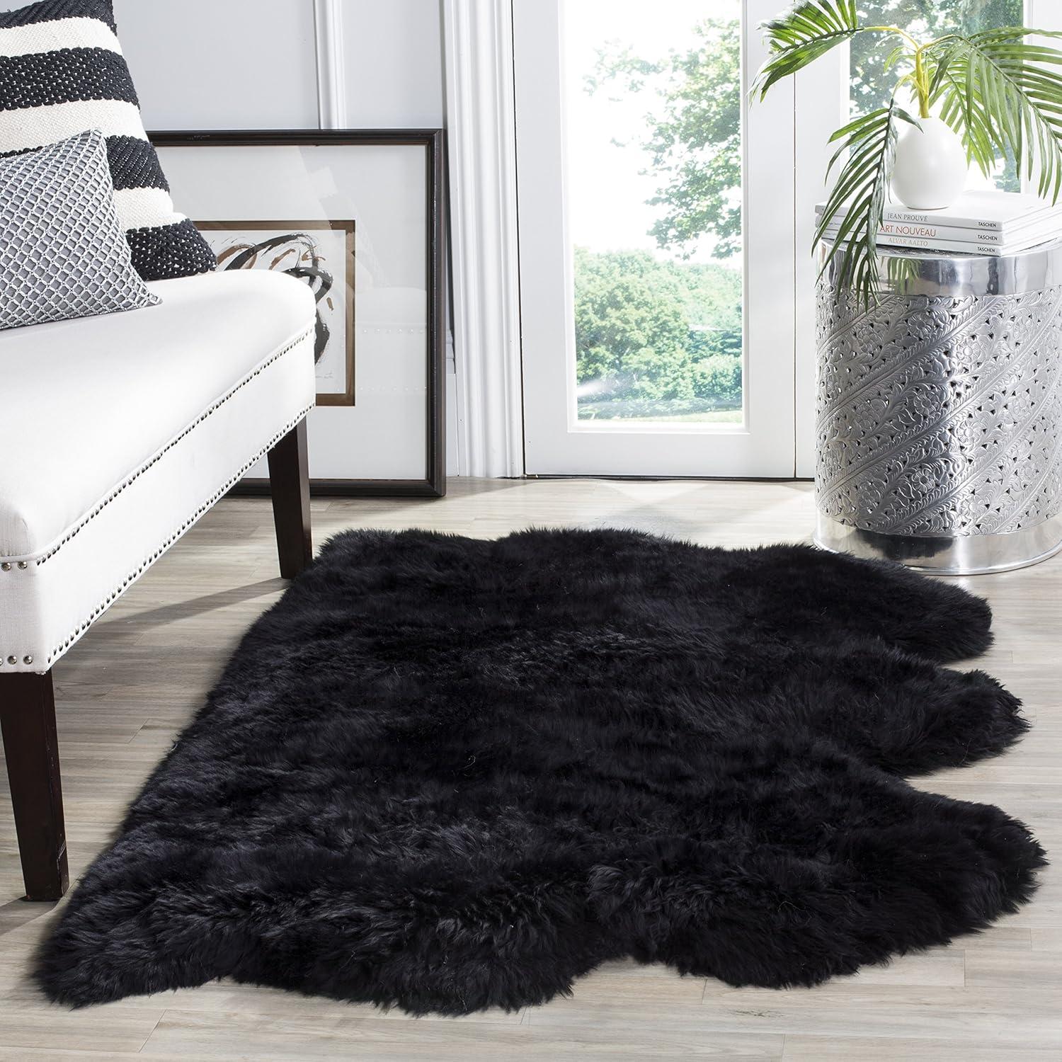 image:imageSAFAVIEH Sheep Skin Collection Accent Rug 3 x 5 Steel Blue Handmade Rustic Glam Genuine Pelt 34inch Thick Ideal for High Traffic Areas in Entryway Living Room Bedroom SHS121BMidnight Black