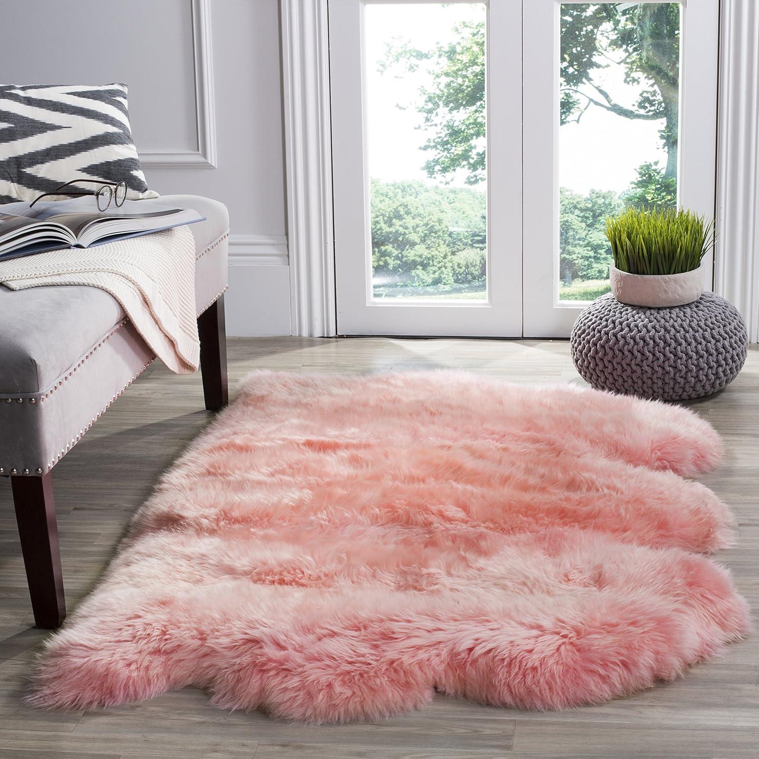 image:imageSAFAVIEH Sheep Skin Collection Accent Rug 3 x 5 Steel Blue Handmade Rustic Glam Genuine Pelt 34inch Thick Ideal for High Traffic Areas in Entryway Living Room Bedroom SHS121BSolid Pink