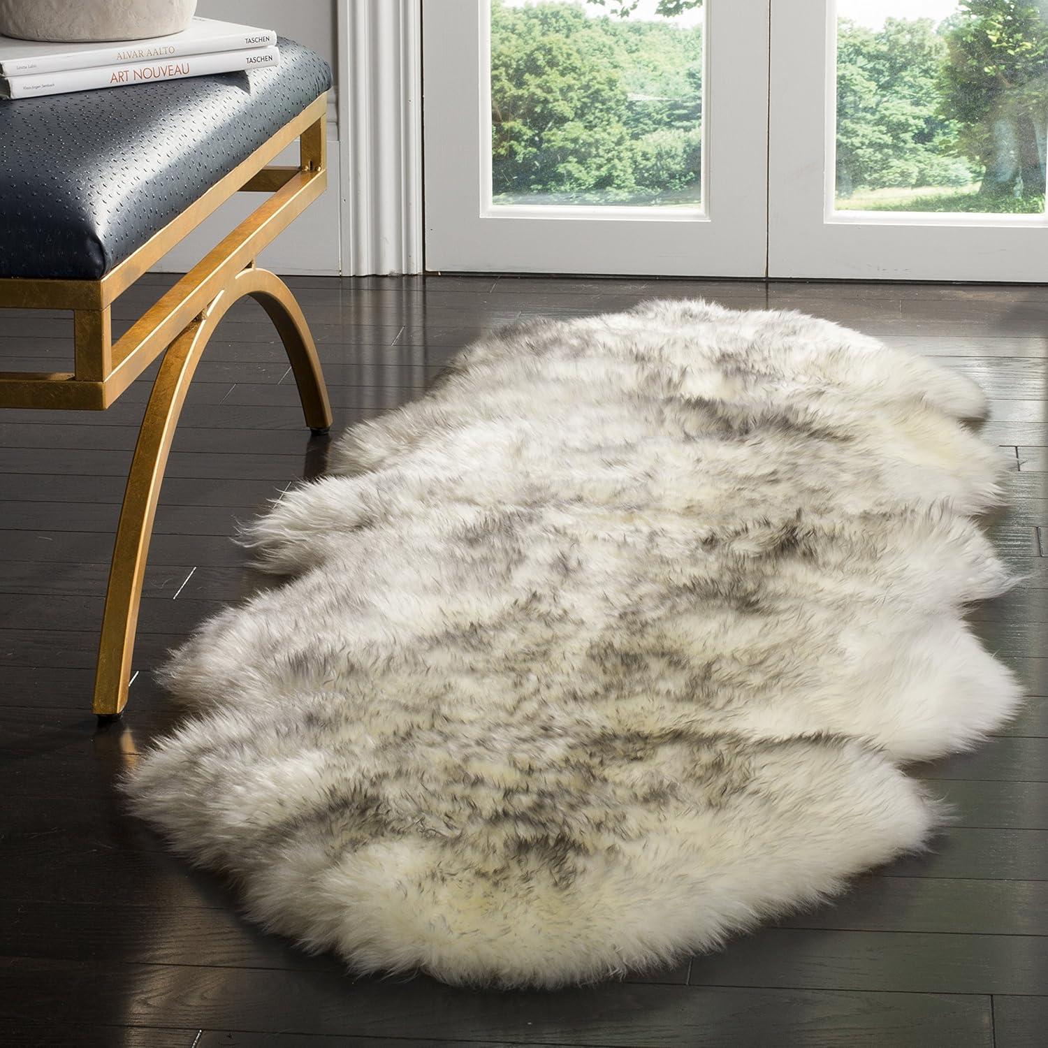 image:imageSAFAVIEH Sheep Skin Collection Accent Rug 3 x 5 Steel Blue Handmade Rustic Glam Genuine Pelt 34inch Thick Ideal for High Traffic Areas in Entryway Living Room Bedroom SHS121BIvorySmoke Grey