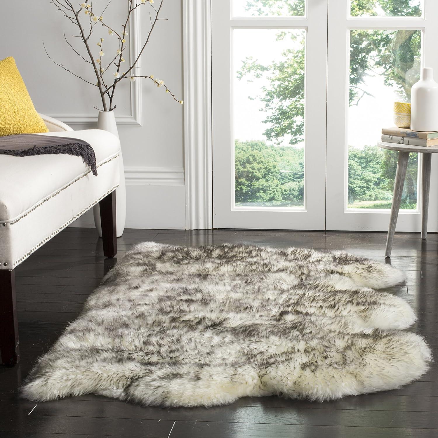 image:imageSAFAVIEH Sheep Skin Collection Accent Rug 3 x 5 Steel Blue Handmade Rustic Glam Genuine Pelt 34inch Thick Ideal for High Traffic Areas in Entryway Living Room Bedroom SHS121BIvorySmoke Grey