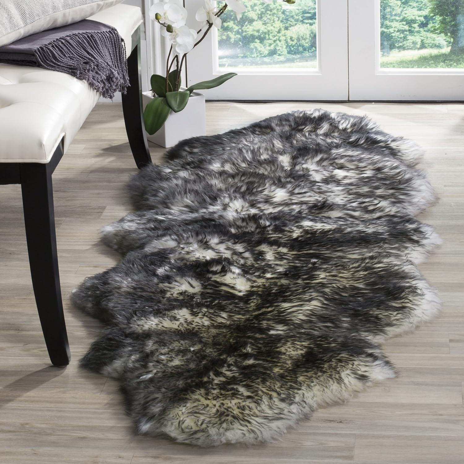 image:imageSAFAVIEH Sheep Skin Collection Accent Rug 3 x 5 Steel Blue Handmade Rustic Glam Genuine Pelt 34inch Thick Ideal for High Traffic Areas in Entryway Living Room Bedroom SHS121BIvoryDark Charcoal