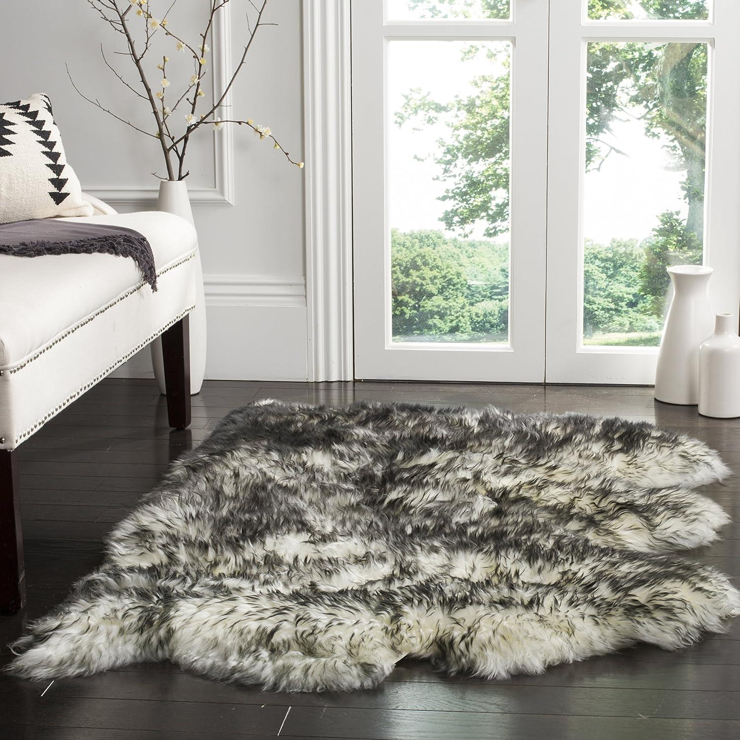 image:imageSAFAVIEH Sheep Skin Collection Accent Rug 3 x 5 Steel Blue Handmade Rustic Glam Genuine Pelt 34inch Thick Ideal for High Traffic Areas in Entryway Living Room Bedroom SHS121BIvoryDark Charcoal