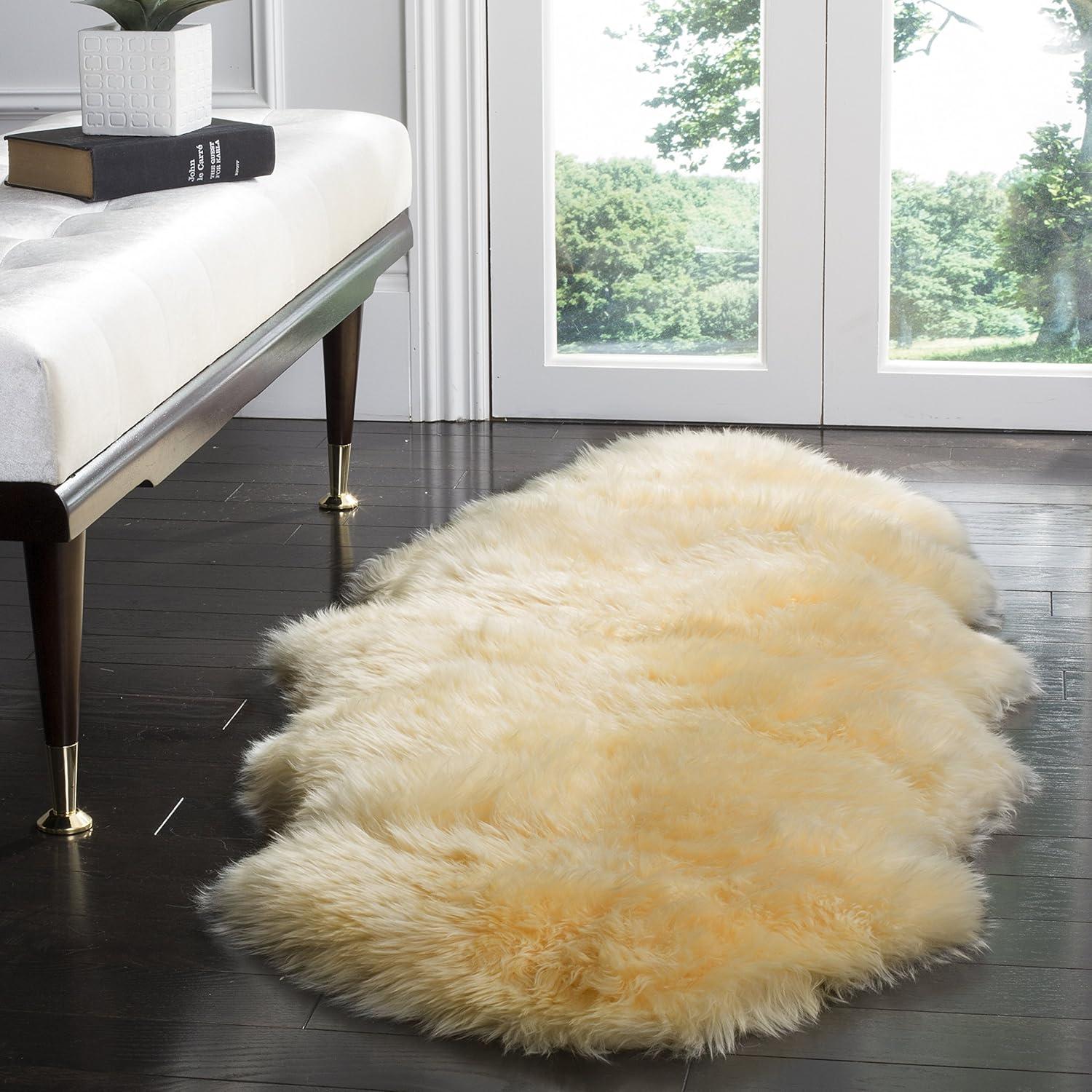 image:imageSAFAVIEH Sheep Skin Collection Accent Rug 3 x 5 Steel Blue Handmade Rustic Glam Genuine Pelt 34inch Thick Ideal for High Traffic Areas in Entryway Living Room Bedroom SHS121BChampagne