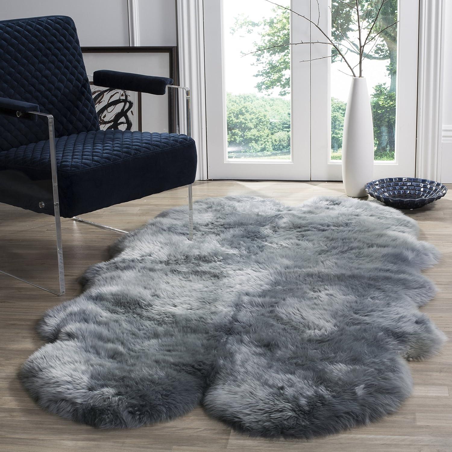 image:imageSAFAVIEH Sheep Skin Collection Accent Rug 3 x 5 Steel Blue Handmade Rustic Glam Genuine Pelt 34inch Thick Ideal for High Traffic Areas in Entryway Living Room Bedroom SHS121BSteel Blue