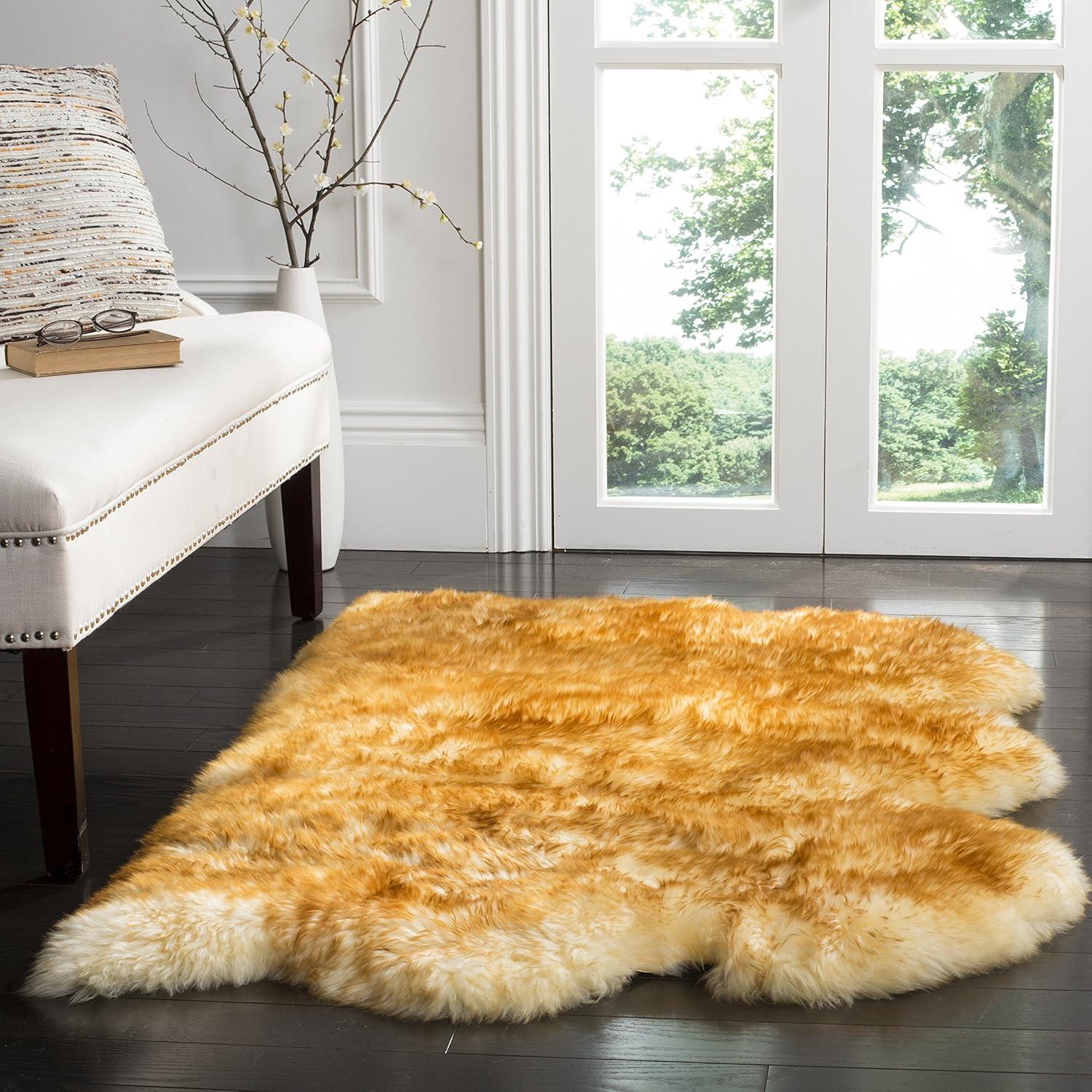 image:imageSAFAVIEH Sheep Skin Collection Accent Rug 3 x 5 Steel Blue Handmade Rustic Glam Genuine Pelt 34inch Thick Ideal for High Traffic Areas in Entryway Living Room Bedroom SHS121BChampagneCopper Brown