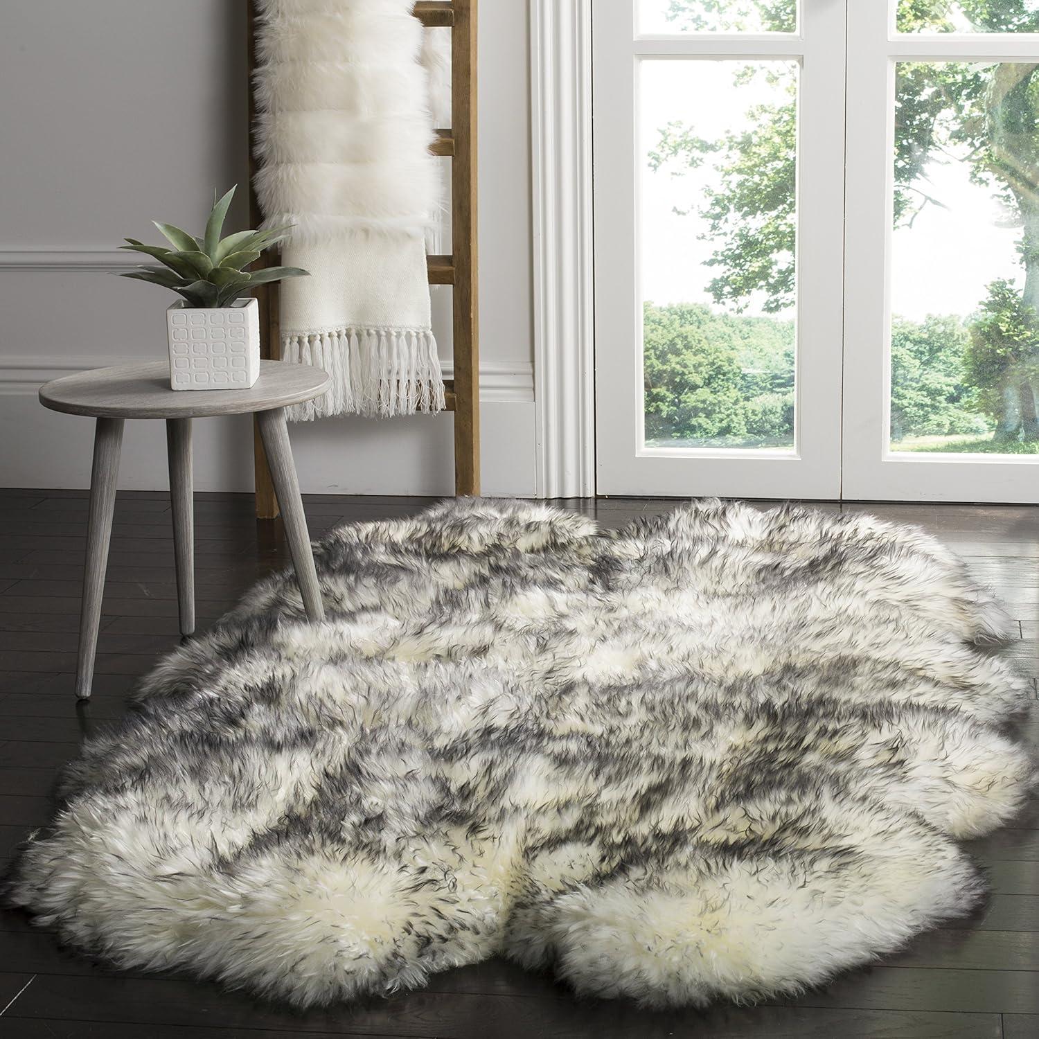 image:imageSAFAVIEH Sheep Skin Collection Accent Rug 3 x 5 Steel Blue Handmade Rustic Glam Genuine Pelt 34inch Thick Ideal for High Traffic Areas in Entryway Living Room Bedroom SHS121BIvorySmoke Grey