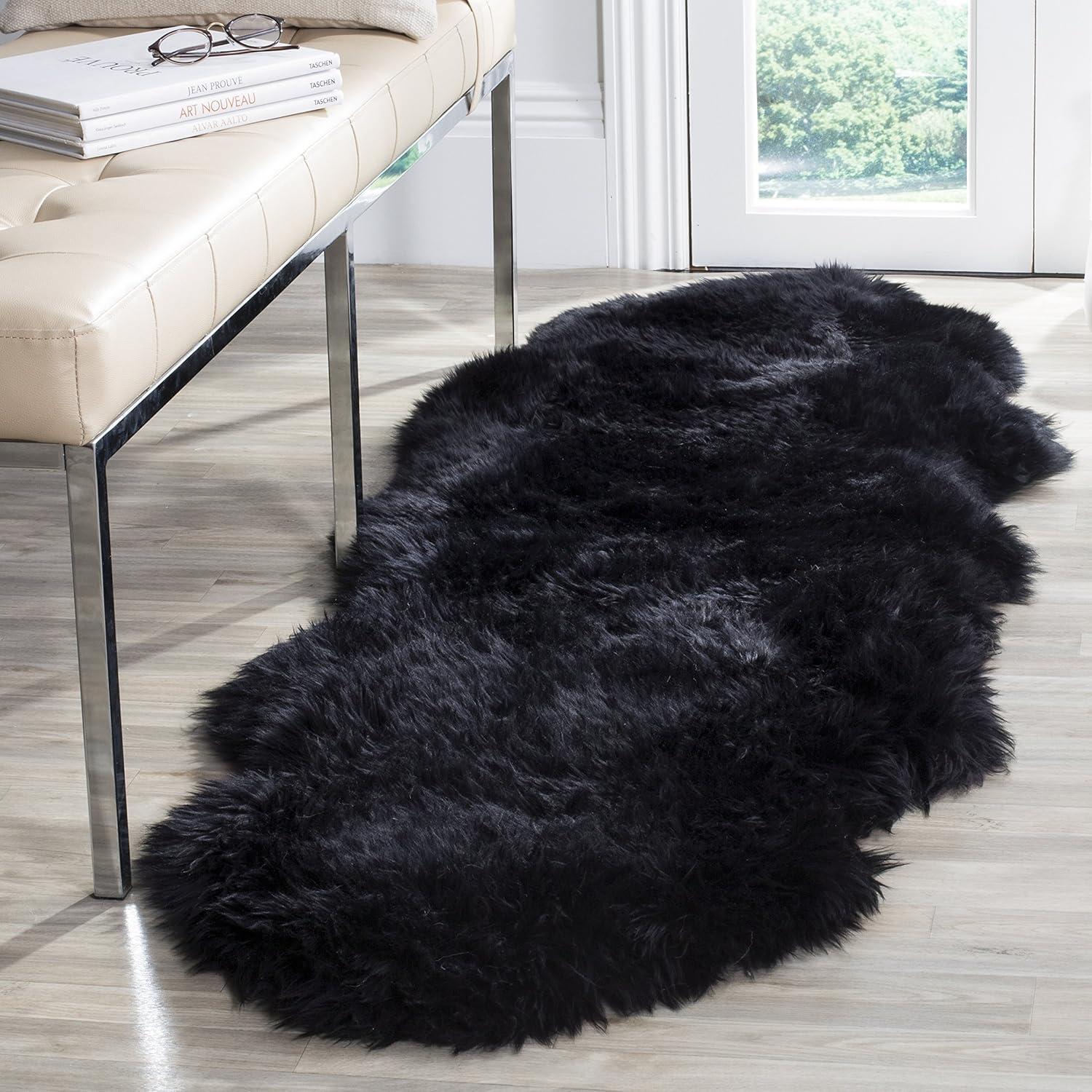 image:imageSAFAVIEH Sheep Skin Collection Accent Rug 3 x 5 Steel Blue Handmade Rustic Glam Genuine Pelt 34inch Thick Ideal for High Traffic Areas in Entryway Living Room Bedroom SHS121BMidnight Black