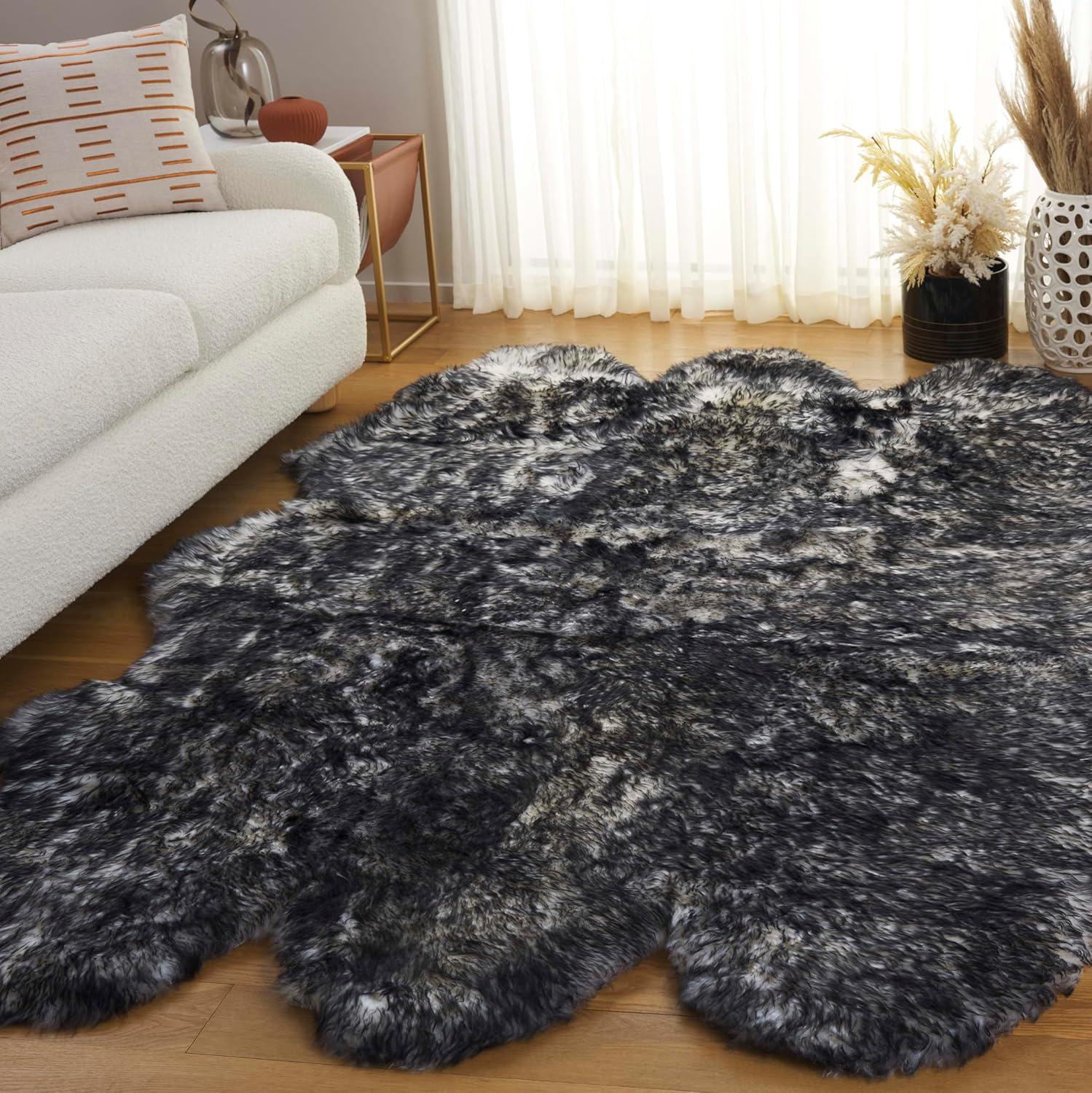 image:imageSAFAVIEH Sheep Skin Collection Accent Rug 3 x 5 Steel Blue Handmade Rustic Glam Genuine Pelt 34inch Thick Ideal for High Traffic Areas in Entryway Living Room Bedroom SHS121BIvoryDark Charcoal