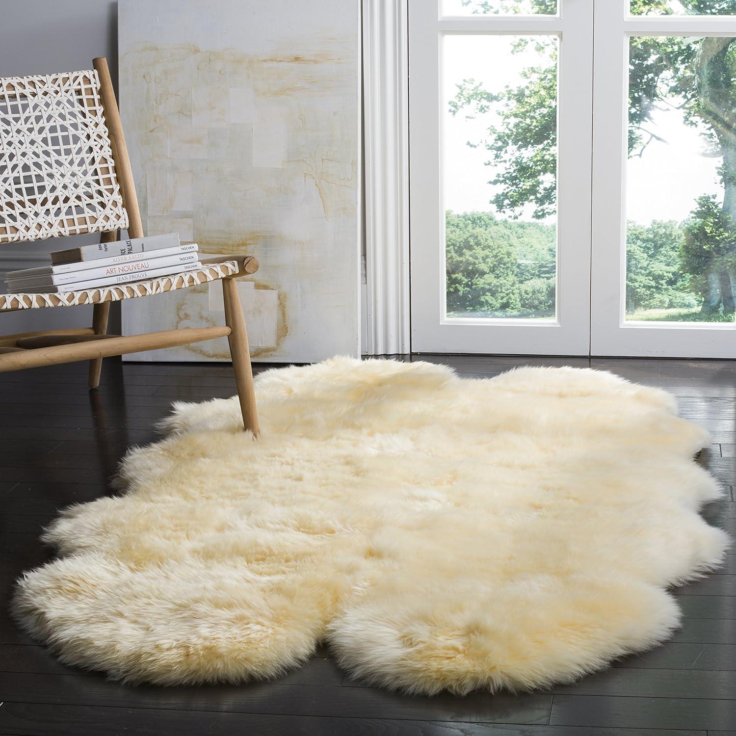 image:imageSAFAVIEH Sheep Skin Collection Accent Rug 3 x 5 Steel Blue Handmade Rustic Glam Genuine Pelt 34inch Thick Ideal for High Traffic Areas in Entryway Living Room Bedroom SHS121BChampagne