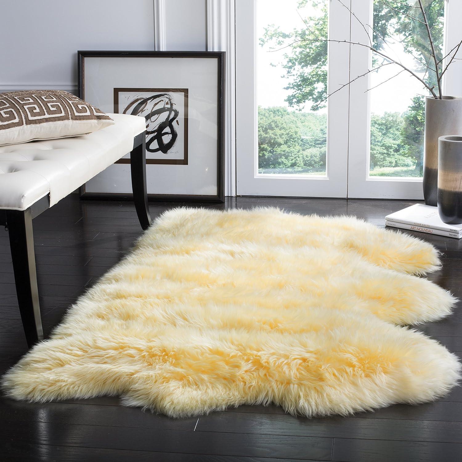 image:imageSAFAVIEH Sheep Skin Collection Accent Rug 3 x 5 Steel Blue Handmade Rustic Glam Genuine Pelt 34inch Thick Ideal for High Traffic Areas in Entryway Living Room Bedroom SHS121BChampagne