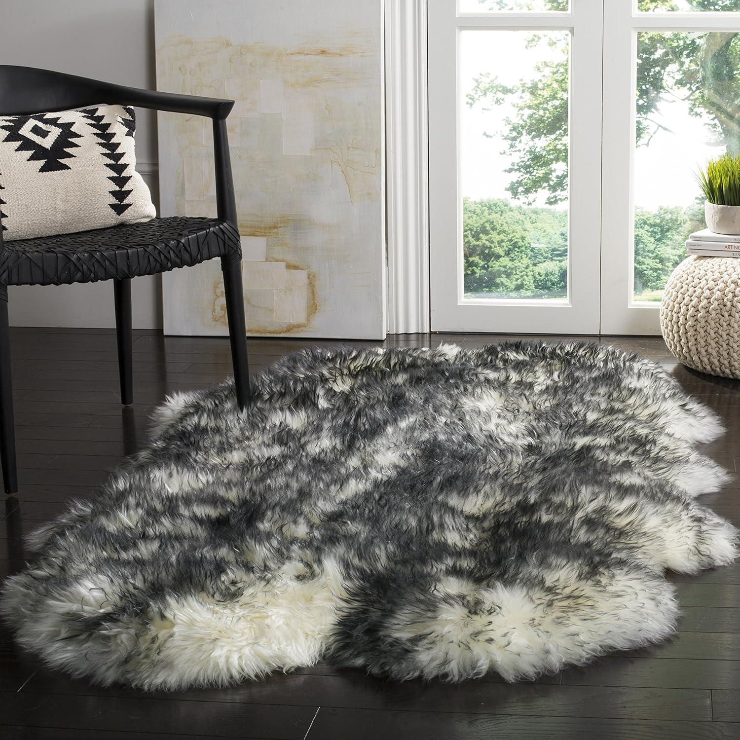 image:imageSAFAVIEH Sheep Skin Collection Accent Rug 3 x 5 Steel Blue Handmade Rustic Glam Genuine Pelt 34inch Thick Ideal for High Traffic Areas in Entryway Living Room Bedroom SHS121BIvoryDark Charcoal
