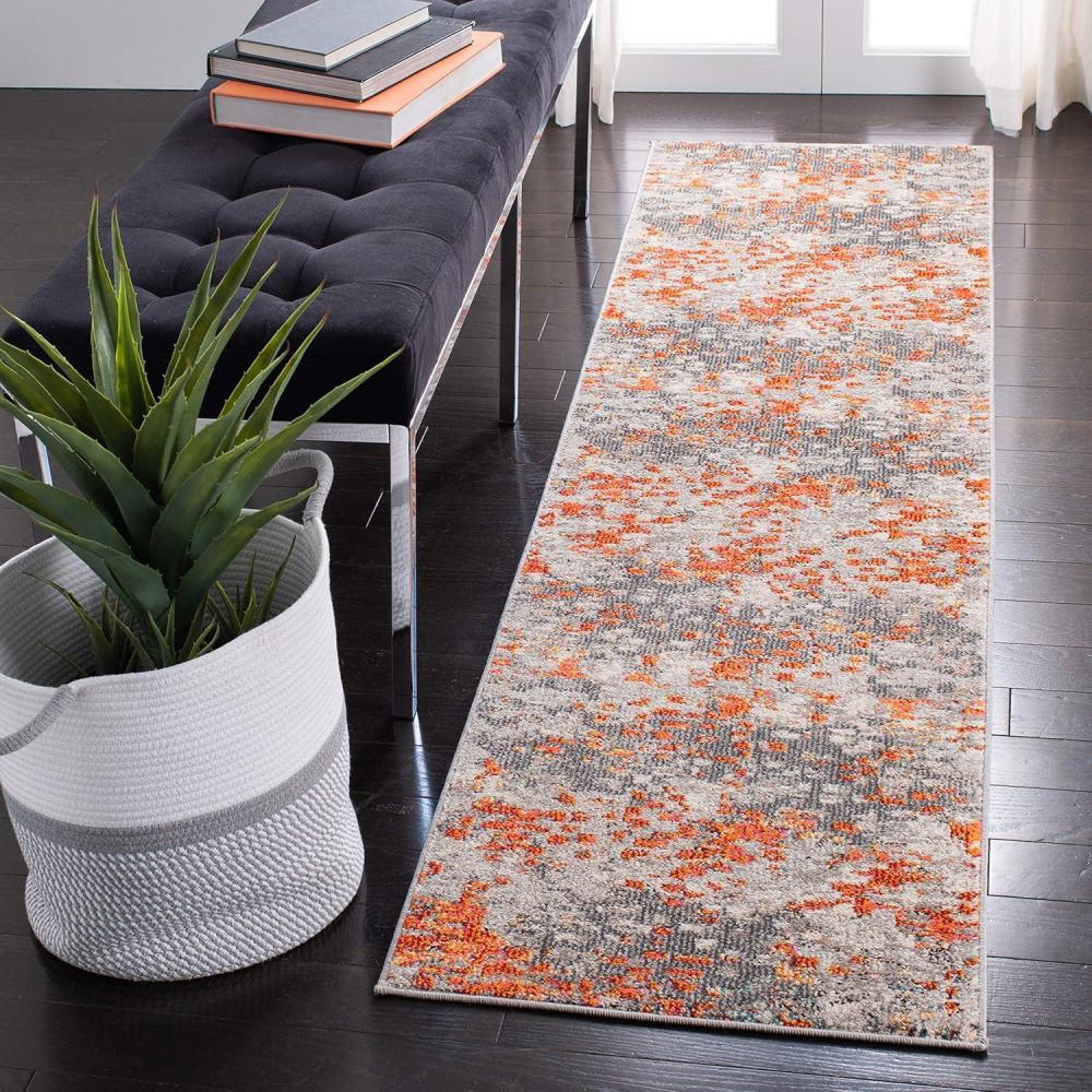image:imageSAFAVIEH Madison Collection Area Rug 6 x 9 Grey amp Red Boho Abstract Distressed Design NonShedding amp Easy Care Ideal for High Traffic Areas in Living Room Bedroom MAD425RGreyOrange