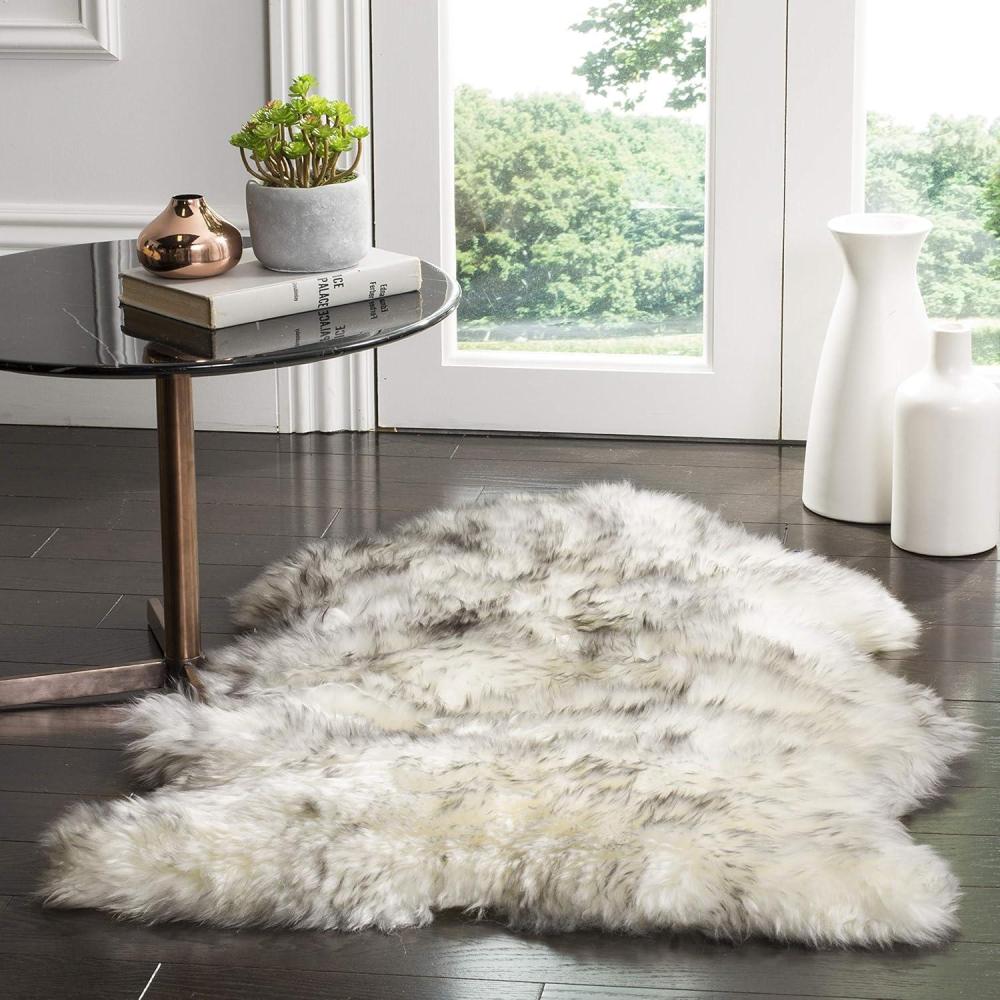 image:imageSAFAVIEH Sheep Skin Collection Accent Rug 3 x 5 Steel Blue Handmade Rustic Glam Genuine Pelt 34inch Thick Ideal for High Traffic Areas in Entryway Living Room Bedroom SHS121BIvorySmoke Grey
