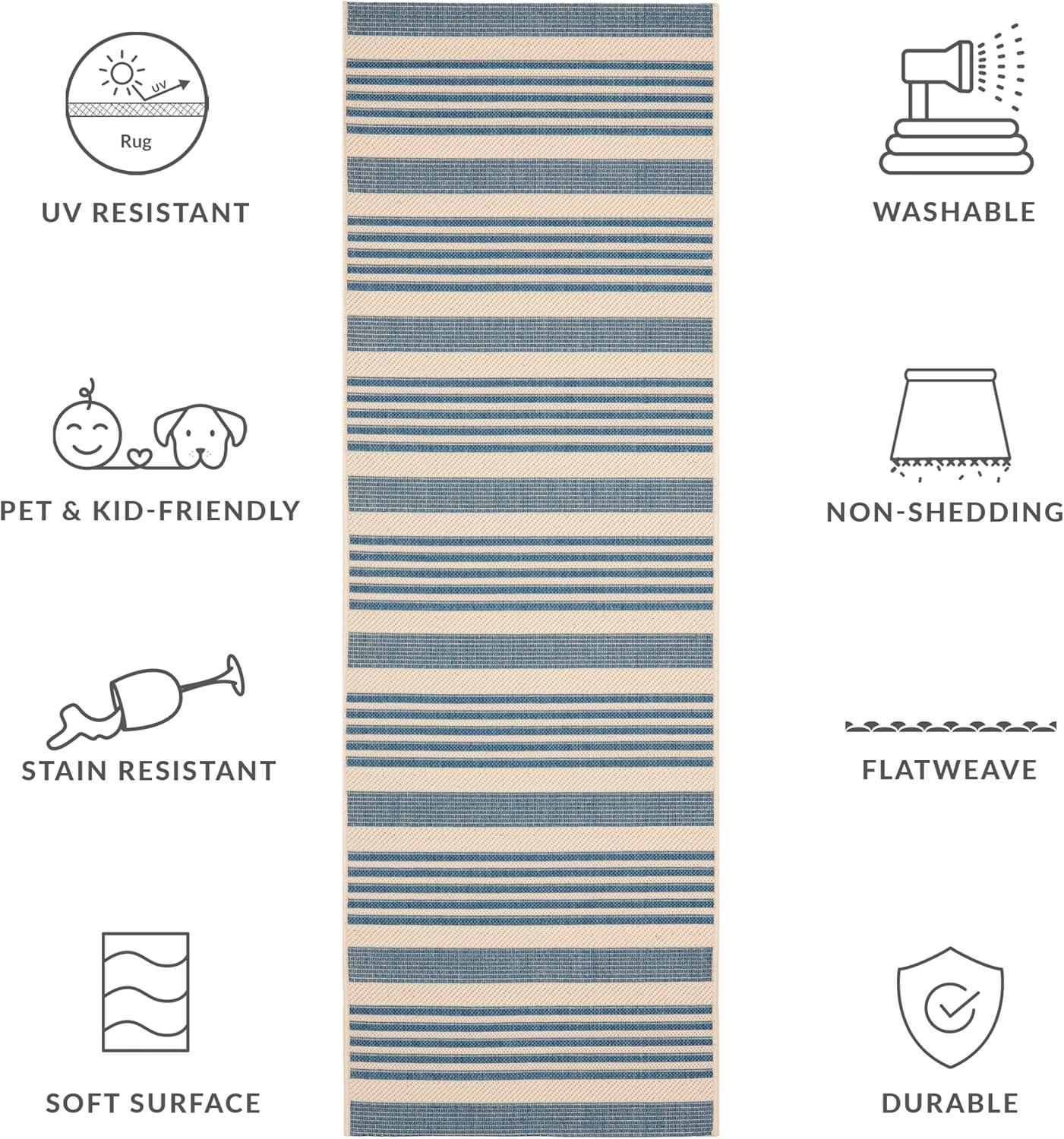 image:imageSAFAVIEH Courtyard Collection 8 x 11 BeigeSweet Pea CY6062 Stripe Indoor Outdoor Waterproof EasyCleaning Patio Backyard Mudroom AreaRugBeigeBlue
