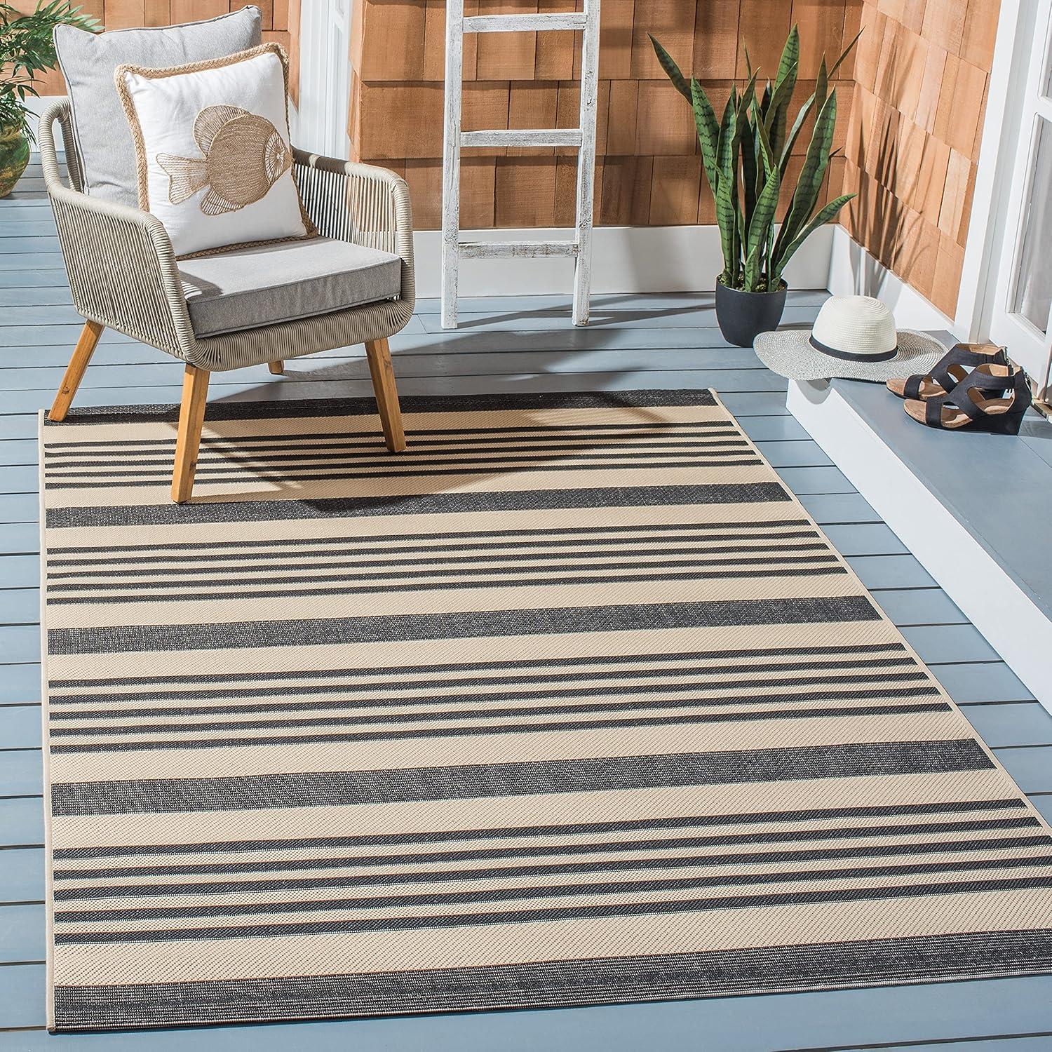 image:imageSAFAVIEH Courtyard Collection 8 x 11 BeigeSweet Pea CY6062 Stripe Indoor Outdoor Waterproof EasyCleaning Patio Backyard Mudroom AreaRugBlackBone