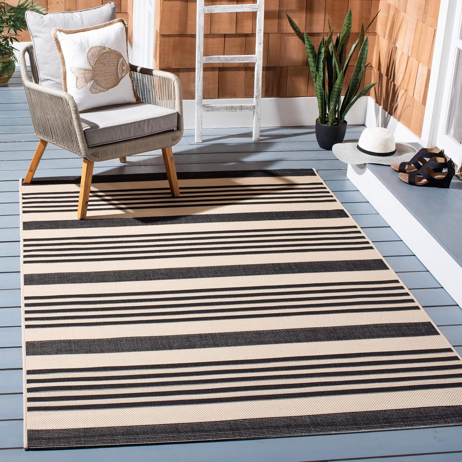 image:imageSAFAVIEH Courtyard Collection 8 x 11 BeigeSweet Pea CY6062 Stripe Indoor Outdoor Waterproof EasyCleaning Patio Backyard Mudroom AreaRugBlackBone