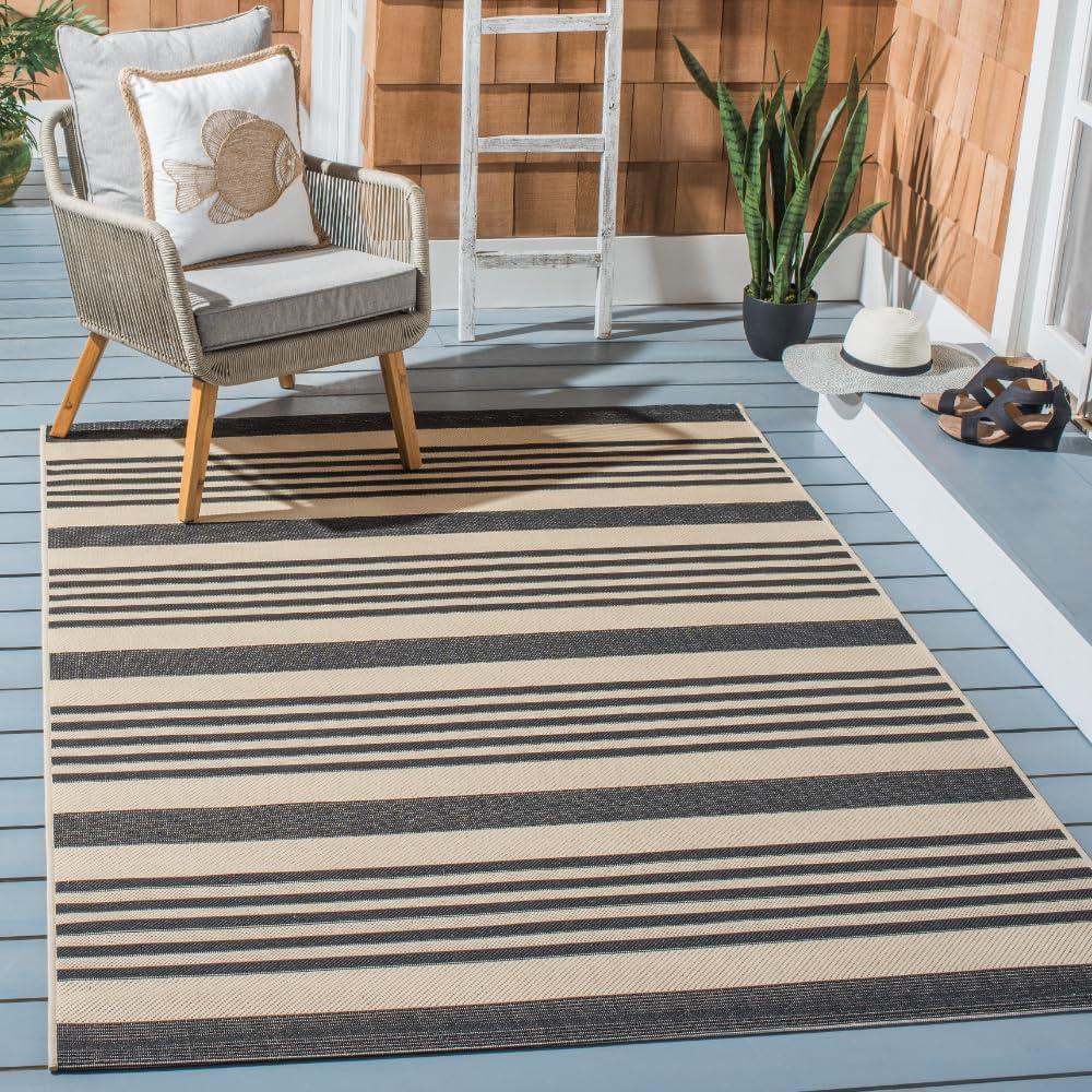 image:imageSAFAVIEH Courtyard Collection 8 x 11 BeigeSweet Pea CY6062 Stripe Indoor Outdoor Waterproof EasyCleaning Patio Backyard Mudroom AreaRugBlackBone