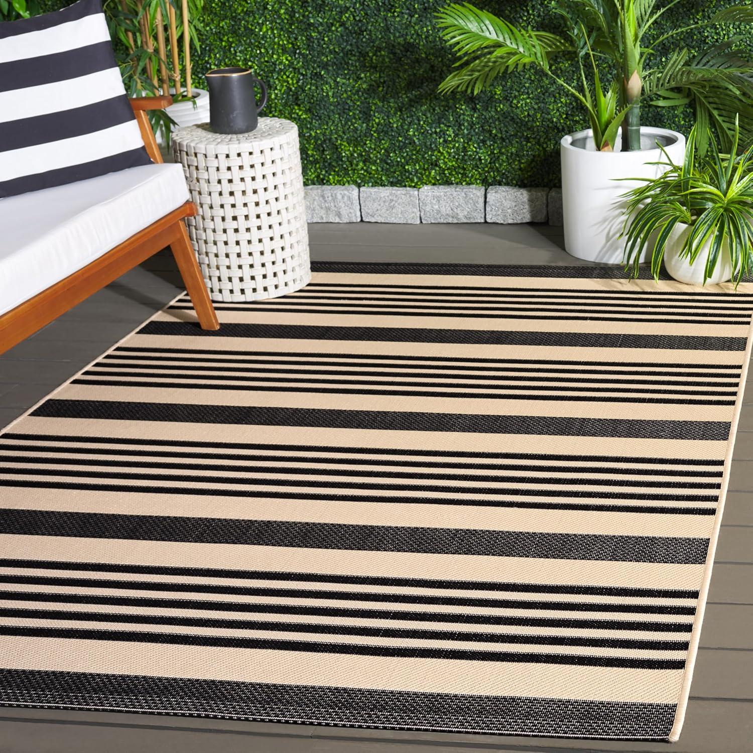 image:imageSAFAVIEH Courtyard Collection 8 x 11 BeigeSweet Pea CY6062 Stripe Indoor Outdoor Waterproof EasyCleaning Patio Backyard Mudroom AreaRugBlackBone