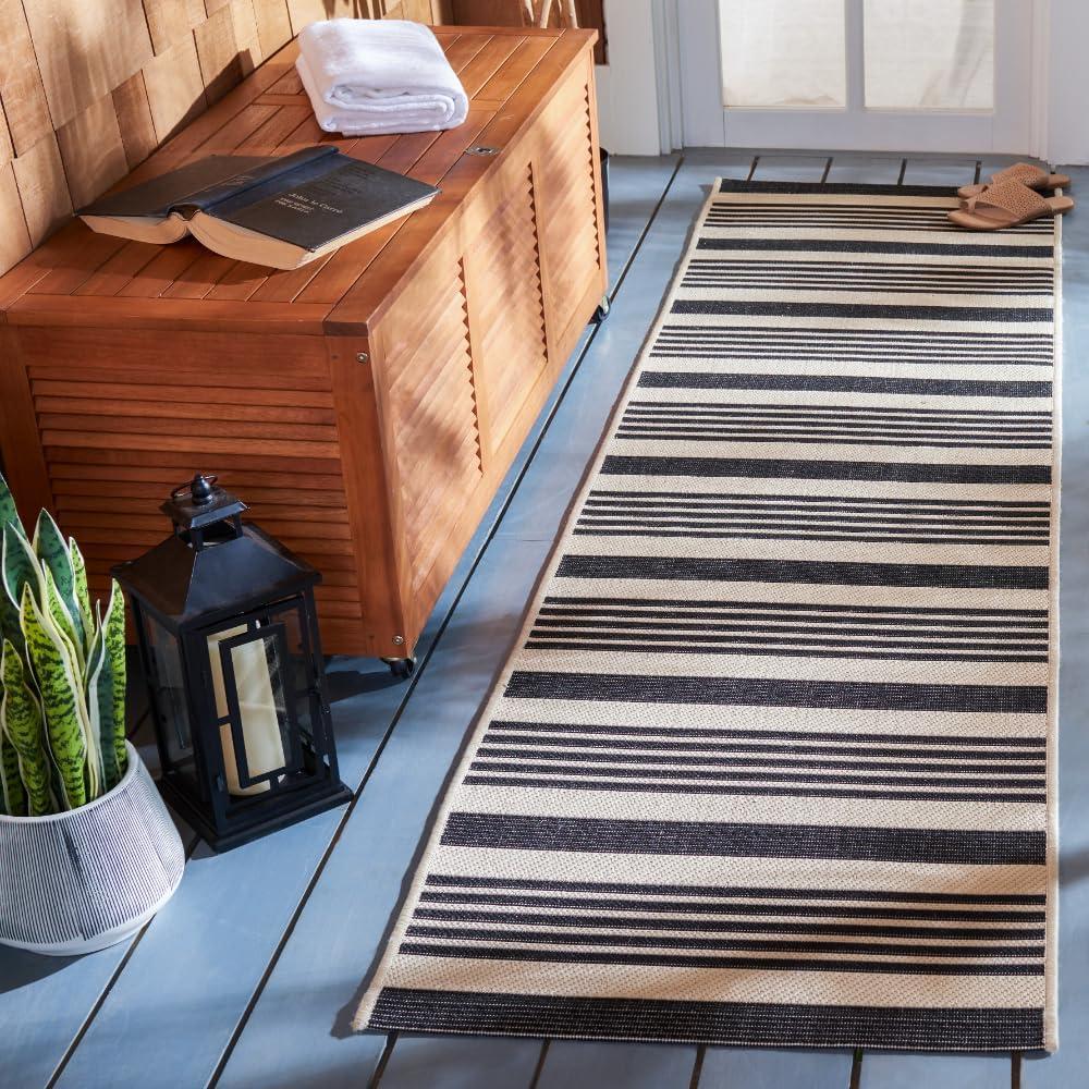 image:imageSAFAVIEH Courtyard Collection 8 x 11 BeigeSweet Pea CY6062 Stripe Indoor Outdoor Waterproof EasyCleaning Patio Backyard Mudroom AreaRugBlackBone