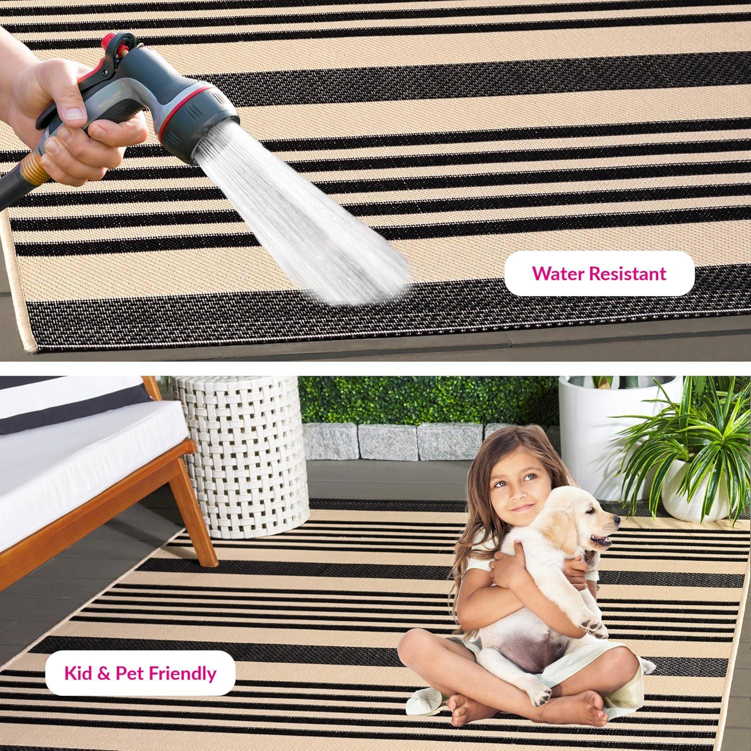 image:imageSAFAVIEH Courtyard Collection 8 x 11 BeigeSweet Pea CY6062 Stripe Indoor Outdoor Waterproof EasyCleaning Patio Backyard Mudroom AreaRugBlackBone