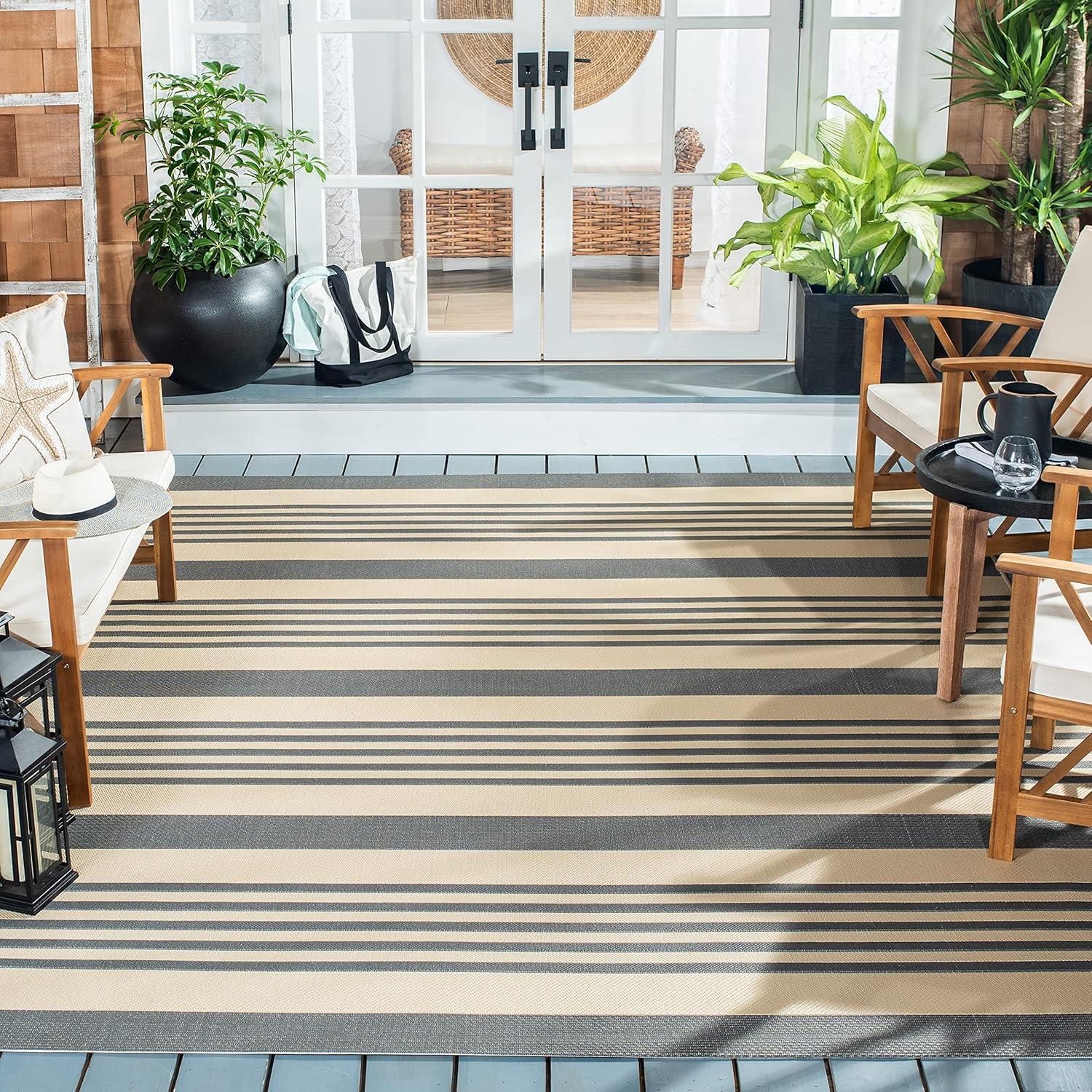 image:imageSAFAVIEH Courtyard Collection 8 x 11 BeigeSweet Pea CY6062 Stripe Indoor Outdoor Waterproof EasyCleaning Patio Backyard Mudroom AreaRugGreyBone