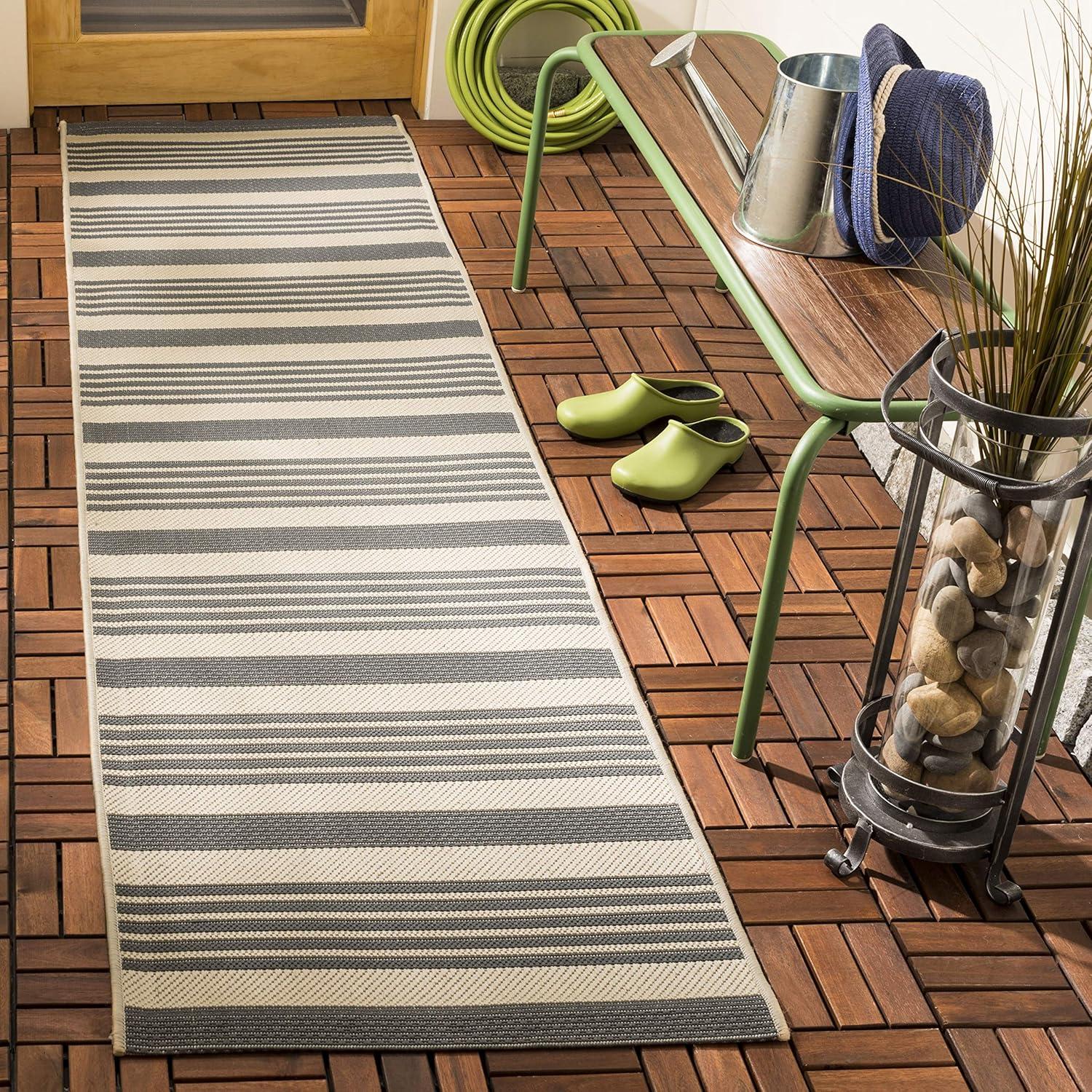 image:imageSAFAVIEH Courtyard Collection 8 x 11 BeigeSweet Pea CY6062 Stripe Indoor Outdoor Waterproof EasyCleaning Patio Backyard Mudroom AreaRugGreyBone