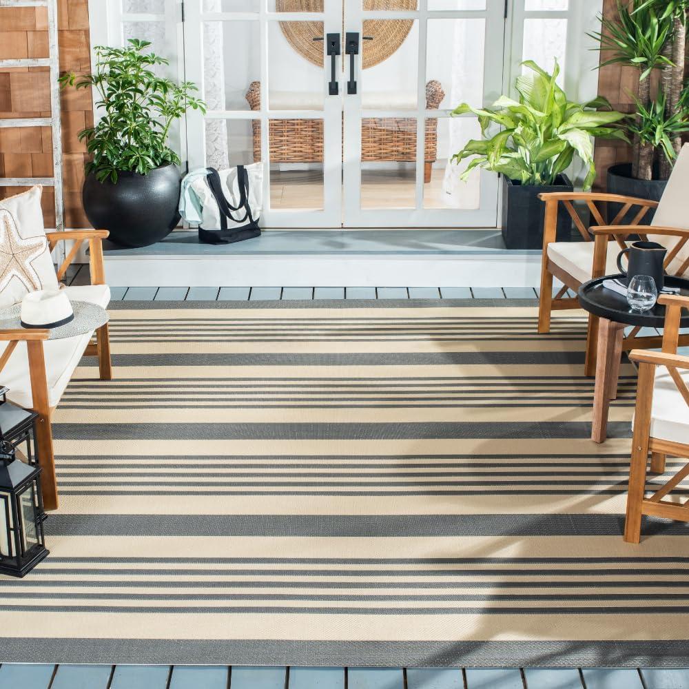 image:imageSAFAVIEH Courtyard Collection 8 x 11 BeigeSweet Pea CY6062 Stripe Indoor Outdoor Waterproof EasyCleaning Patio Backyard Mudroom AreaRugGreyBone