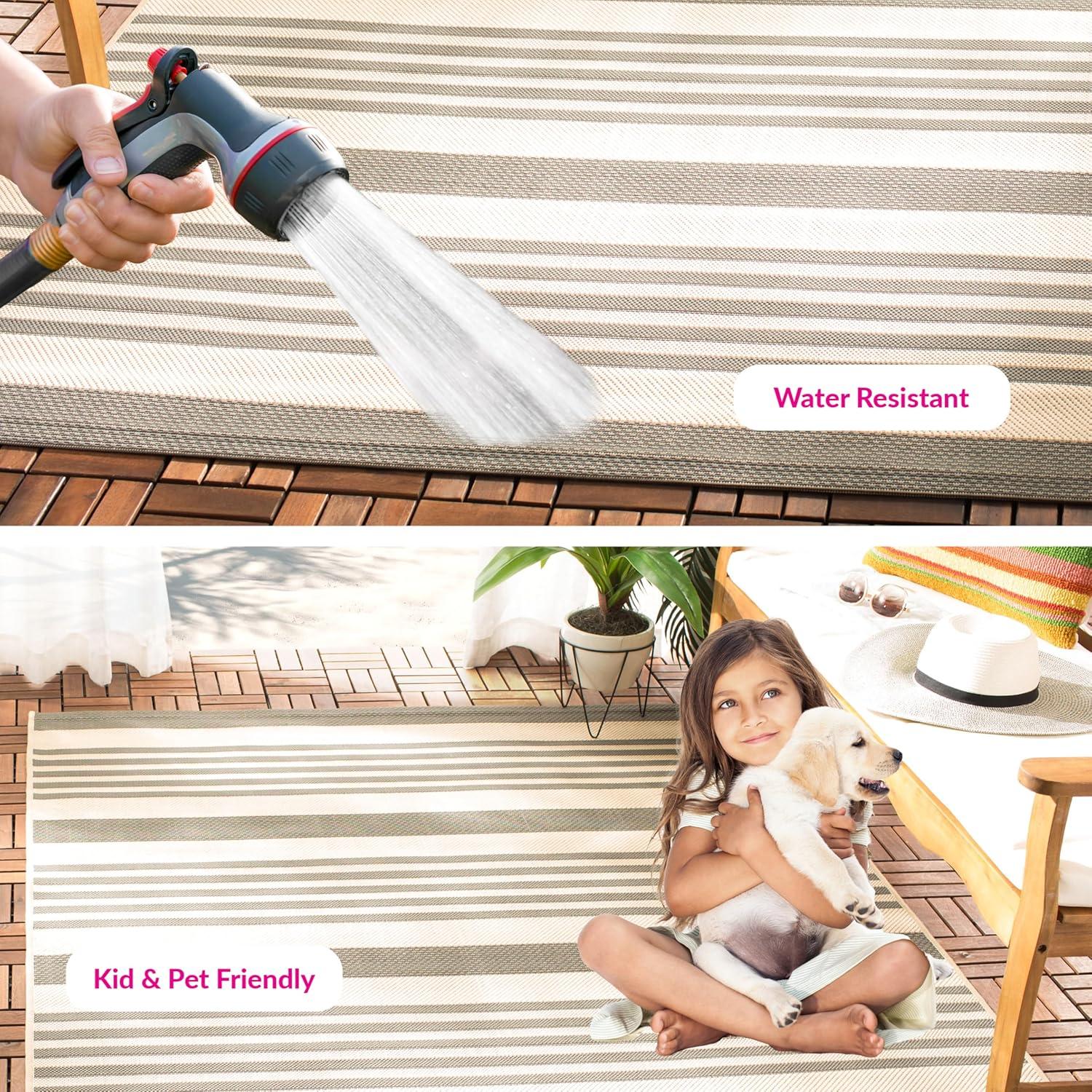image:imageSAFAVIEH Courtyard Collection 8 x 11 BeigeSweet Pea CY6062 Stripe Indoor Outdoor Waterproof EasyCleaning Patio Backyard Mudroom AreaRugGreyBone