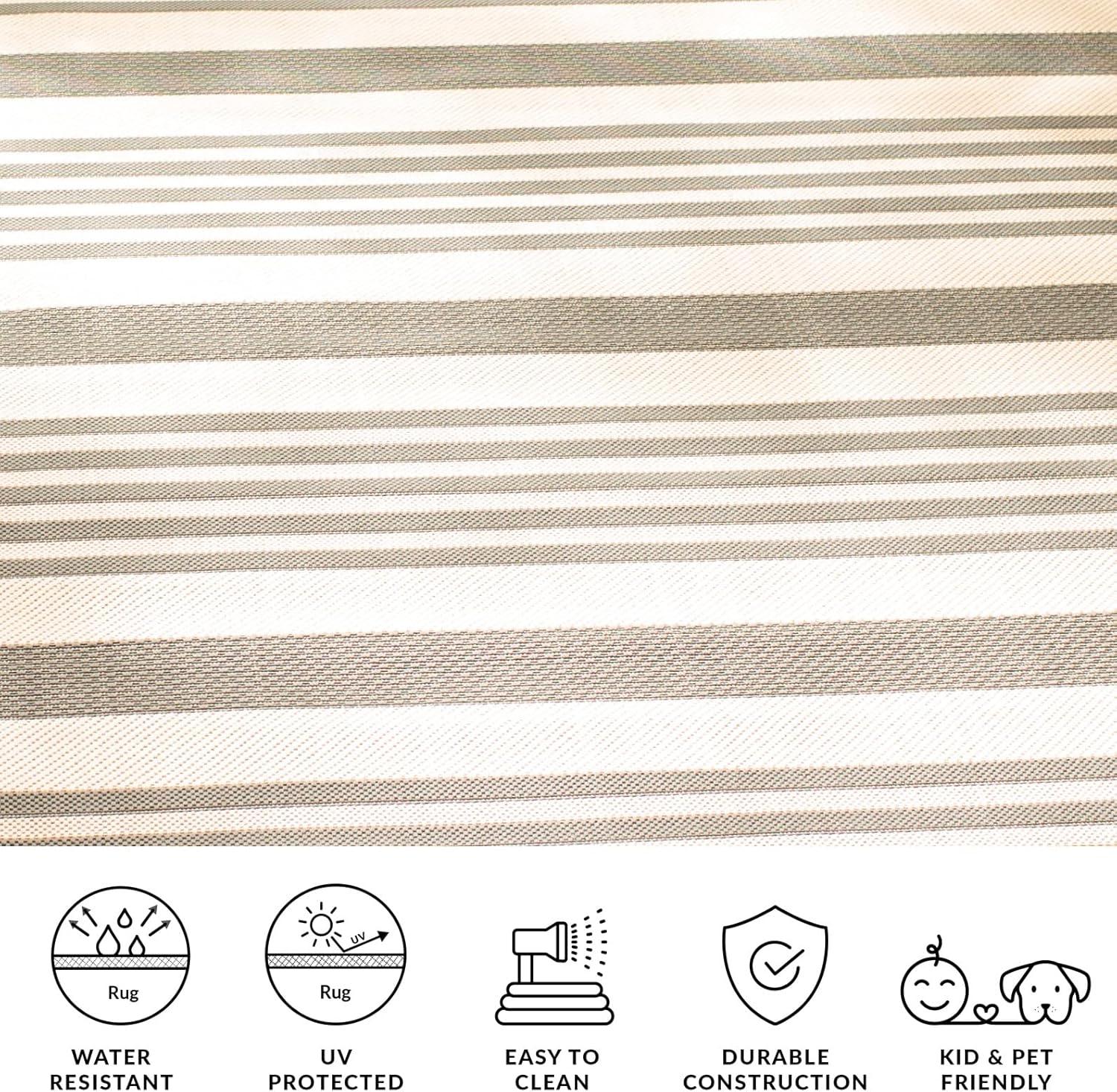 image:imageSAFAVIEH Courtyard Collection 8 x 11 BeigeSweet Pea CY6062 Stripe Indoor Outdoor Waterproof EasyCleaning Patio Backyard Mudroom AreaRugGreyBone
