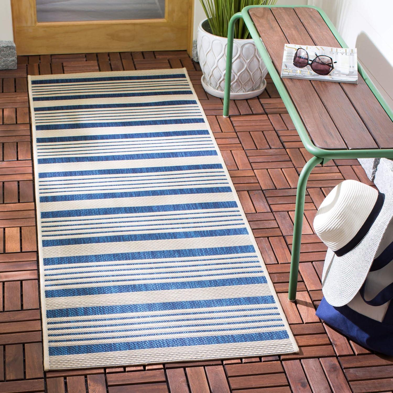 image:imageSAFAVIEH Courtyard Collection 8 x 11 BeigeSweet Pea CY6062 Stripe Indoor Outdoor Waterproof EasyCleaning Patio Backyard Mudroom AreaRugNavyBeige
