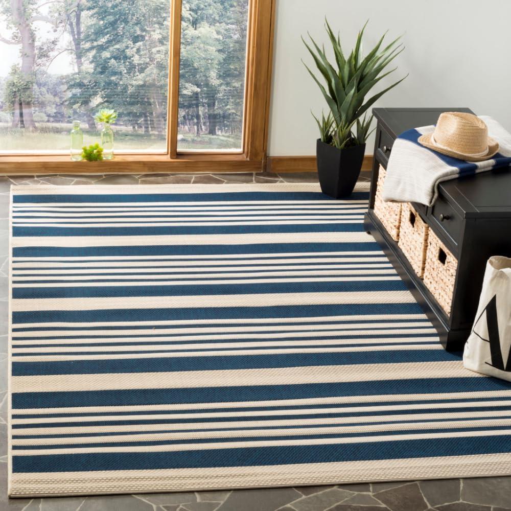 image:imageSAFAVIEH Courtyard Collection 8 x 11 BeigeSweet Pea CY6062 Stripe Indoor Outdoor Waterproof EasyCleaning Patio Backyard Mudroom AreaRugNavyBeige