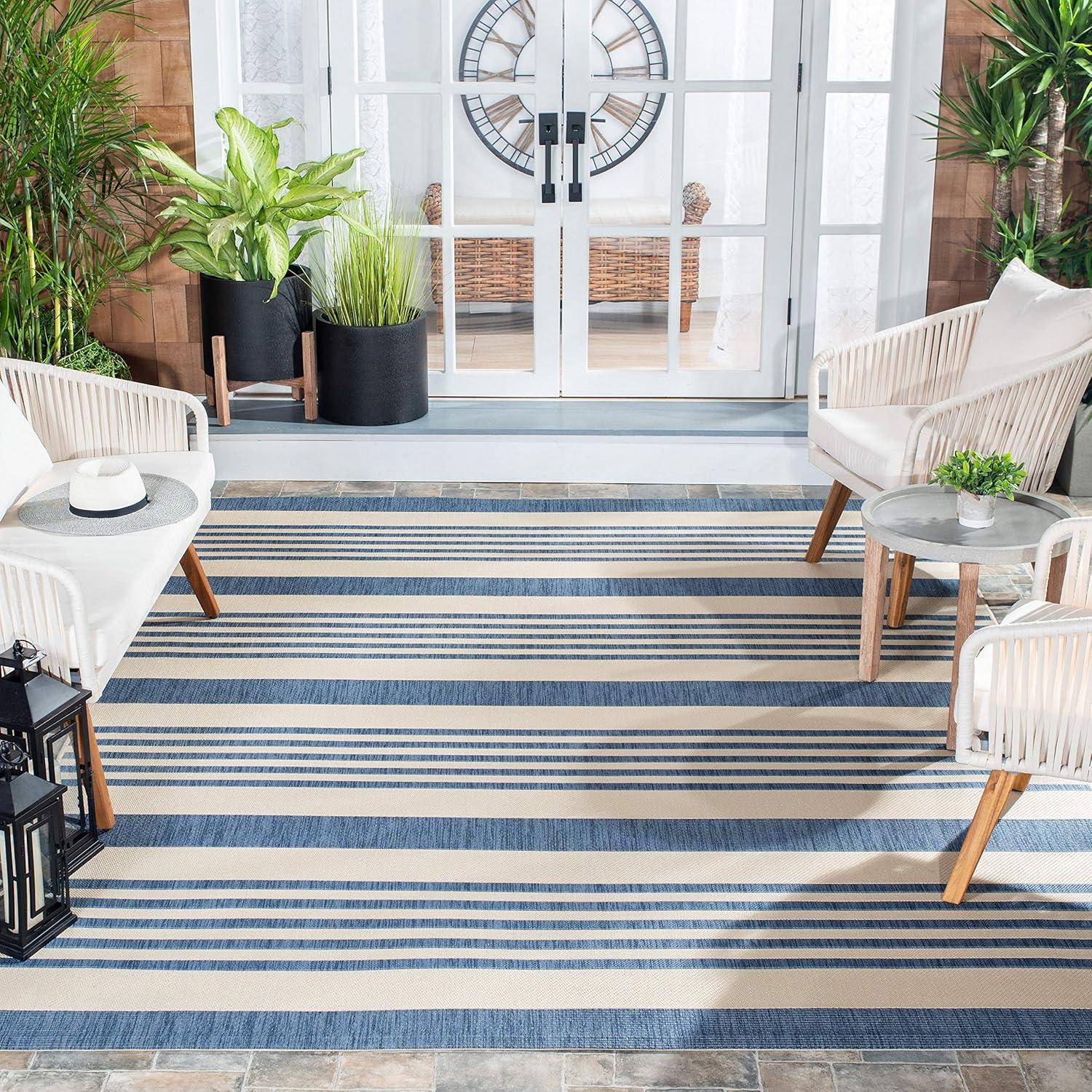 image:imageSAFAVIEH Courtyard Collection 8 x 11 BeigeSweet Pea CY6062 Stripe Indoor Outdoor Waterproof EasyCleaning Patio Backyard Mudroom AreaRugNavyBeige