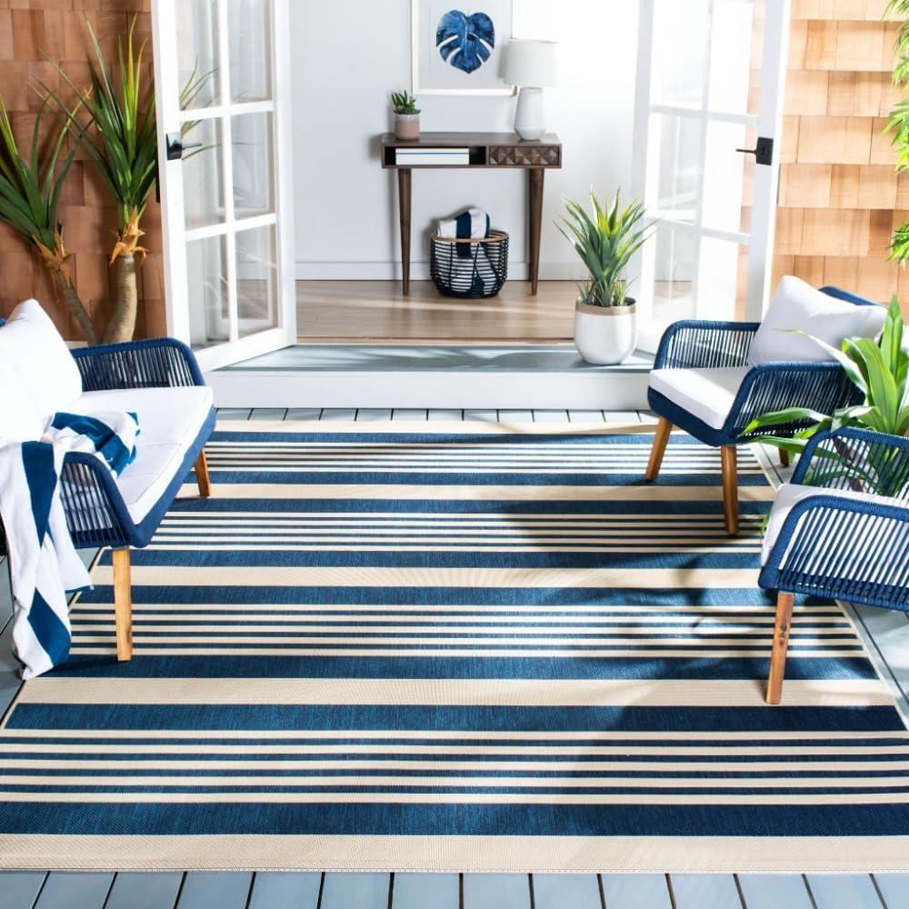 image:imageSAFAVIEH Courtyard Collection 8 x 11 BeigeSweet Pea CY6062 Stripe Indoor Outdoor Waterproof EasyCleaning Patio Backyard Mudroom AreaRugNavyBeige