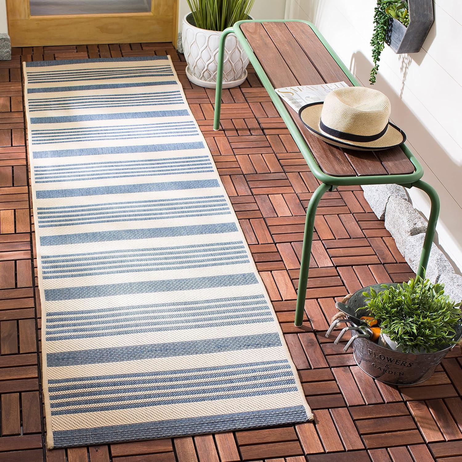 image:imageSAFAVIEH Courtyard Collection 8 x 11 BeigeSweet Pea CY6062 Stripe Indoor Outdoor Waterproof EasyCleaning Patio Backyard Mudroom AreaRugNavyBeige