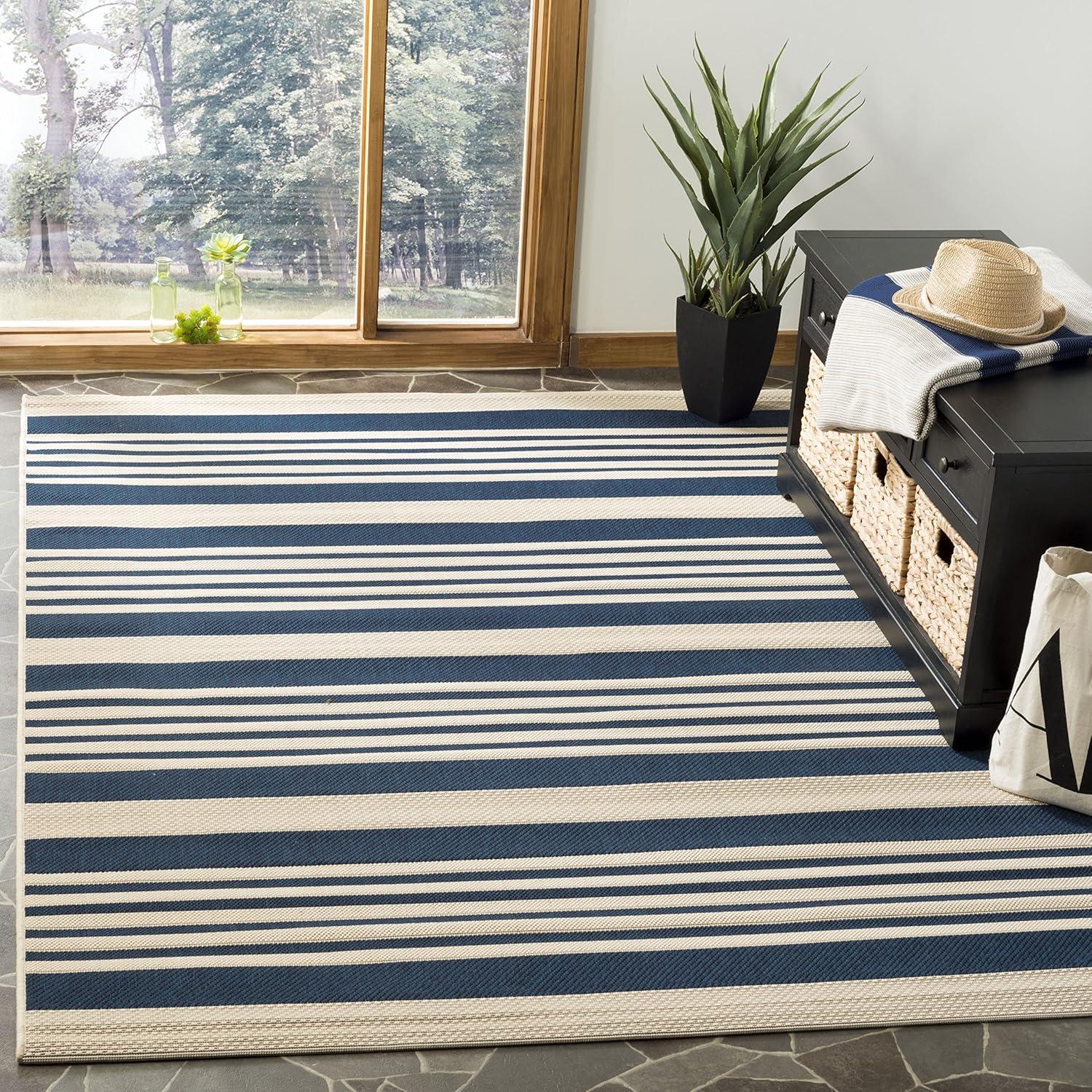 image:imageSAFAVIEH Courtyard Collection 8 x 11 BeigeSweet Pea CY6062 Stripe Indoor Outdoor Waterproof EasyCleaning Patio Backyard Mudroom AreaRugNavyBeige