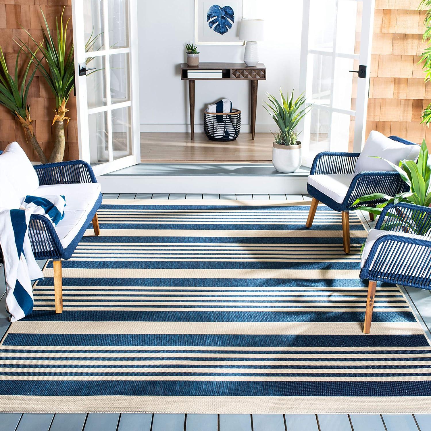 image:imageSAFAVIEH Courtyard Collection 8 x 11 BeigeSweet Pea CY6062 Stripe Indoor Outdoor Waterproof EasyCleaning Patio Backyard Mudroom AreaRugNavyBeige