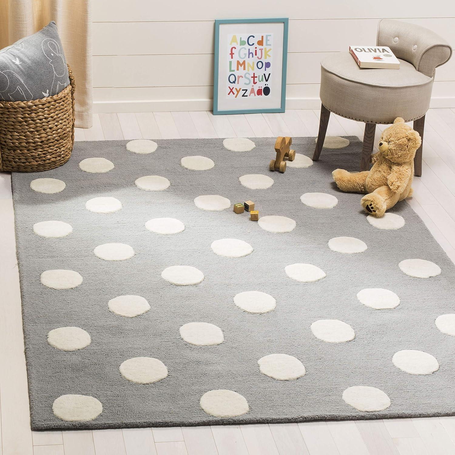 image:imageSAFAVIEH Kids Collection Area Rug 5 x 7 Ivory amp Black Handmade Polka Dot Wool Ideal for High Traffic Areas in Living Room Bedroom SFK904DGreyIvory