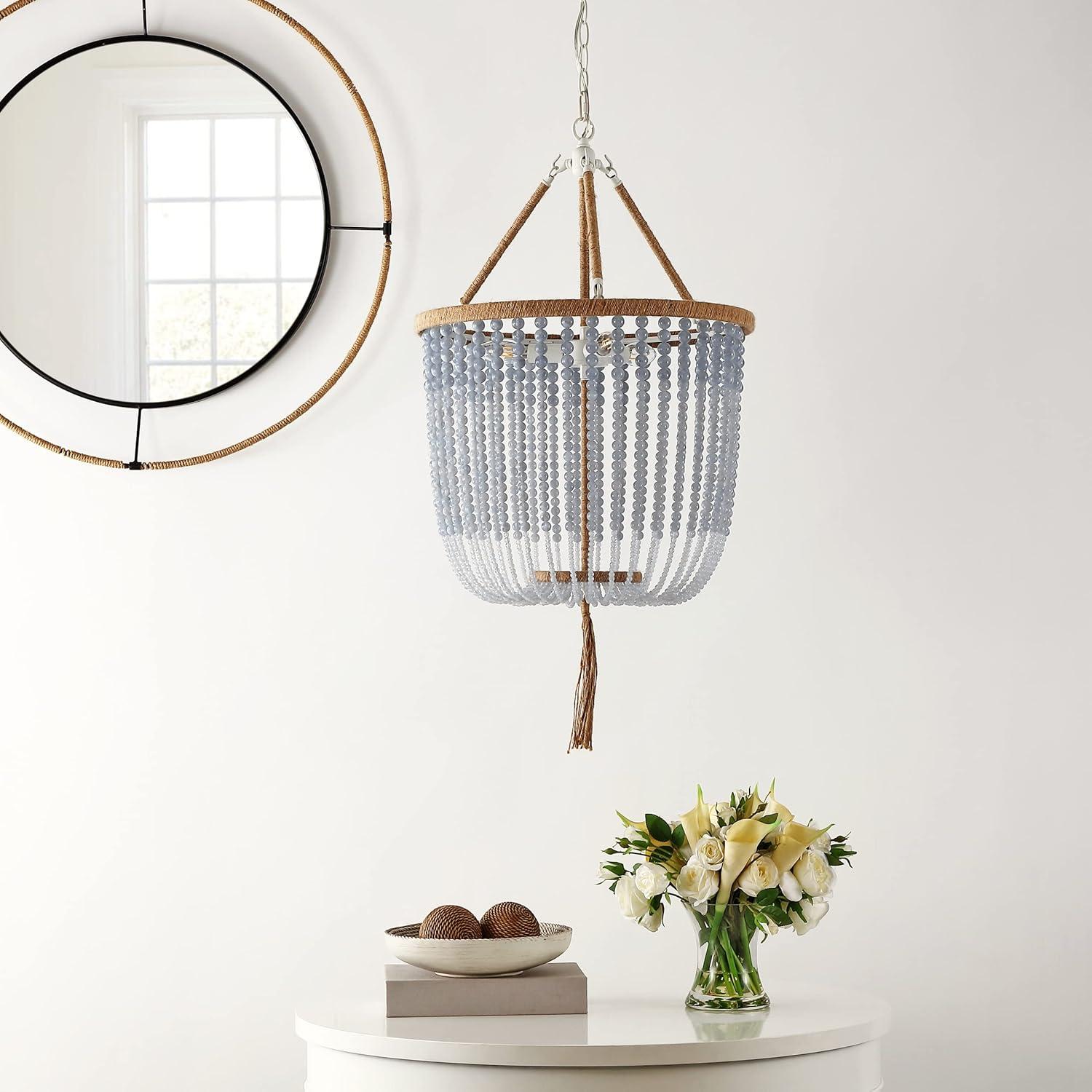 image:imageSAFAVIEH Lighting Collection Angie Boho Farmhouse Cream 3Light Beaded Adjustable Hanging Pendant Chandelier with Tassel LED Bulbs Included LIT4476ABlue