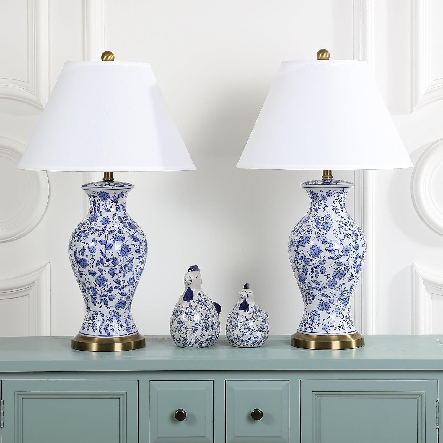 image:imageSAFAVIEH Lighting Collection Beijing Floral Set of 2 Blue amp White Ceramic Table Lamps with Antique Gold Accents 29Inch Chinoiserie Lamps LED Bulbs Included LIT4172ASET2