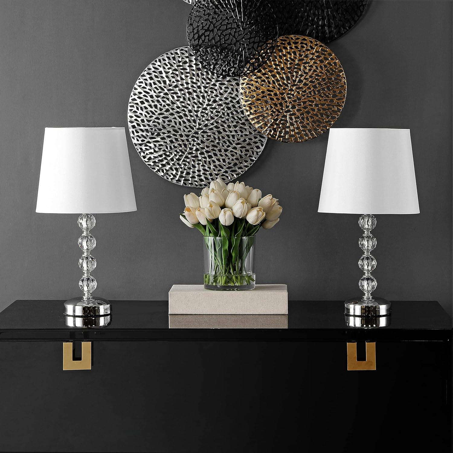 image:imageSAFAVIEH Lighting Collection Nola Set of 2 Modern Glam Stacked Crystal Ball 16Inch Table Lamps LED Bulbs Included Bedroom Living Room Home Office LIT4123CSET2ClearChrome with USB