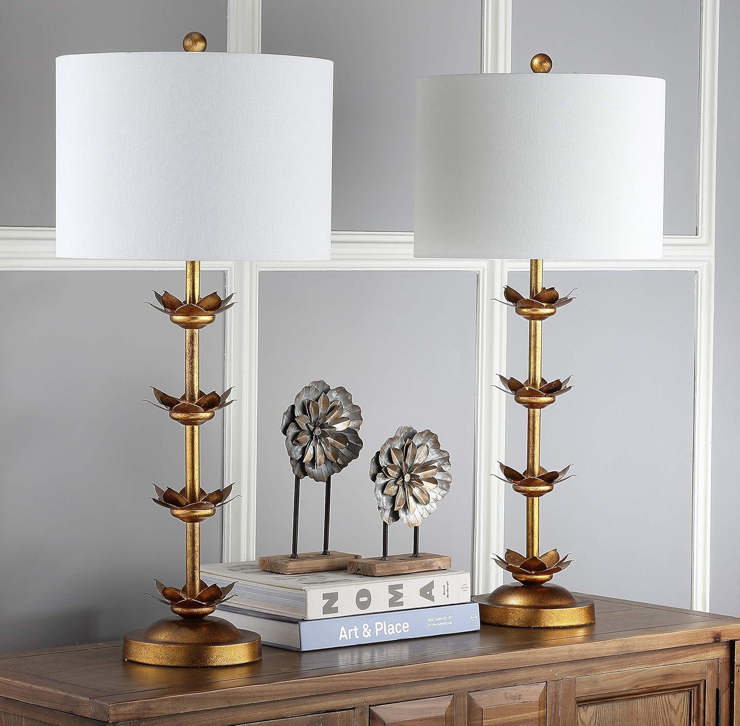 image:imageSAFAVIEH Lighting Collection Set of 2 Lani Antique Gold Leaf 32Inch Table Lamps White Drum Shade LED Bulbs Included Bedroom Living Room Home Office TBL4016ASET2Antique Gold