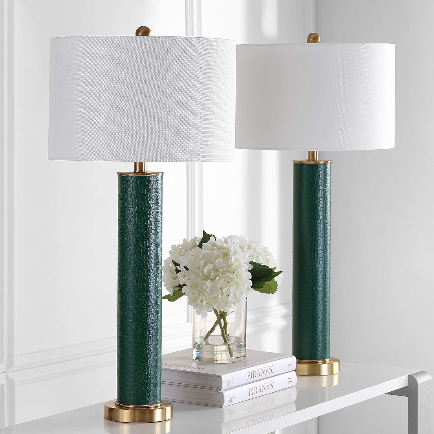 image:imageSAFAVIEH Lighting Collection Set of 2 Ollie Modern Contemporary Cream Faux Woven Leather 32Inch Table Lamps LED Bulbs Included Bedroom Living Room Home Office LIT4404LSET2Dark Green Faux Alligator Set of 2