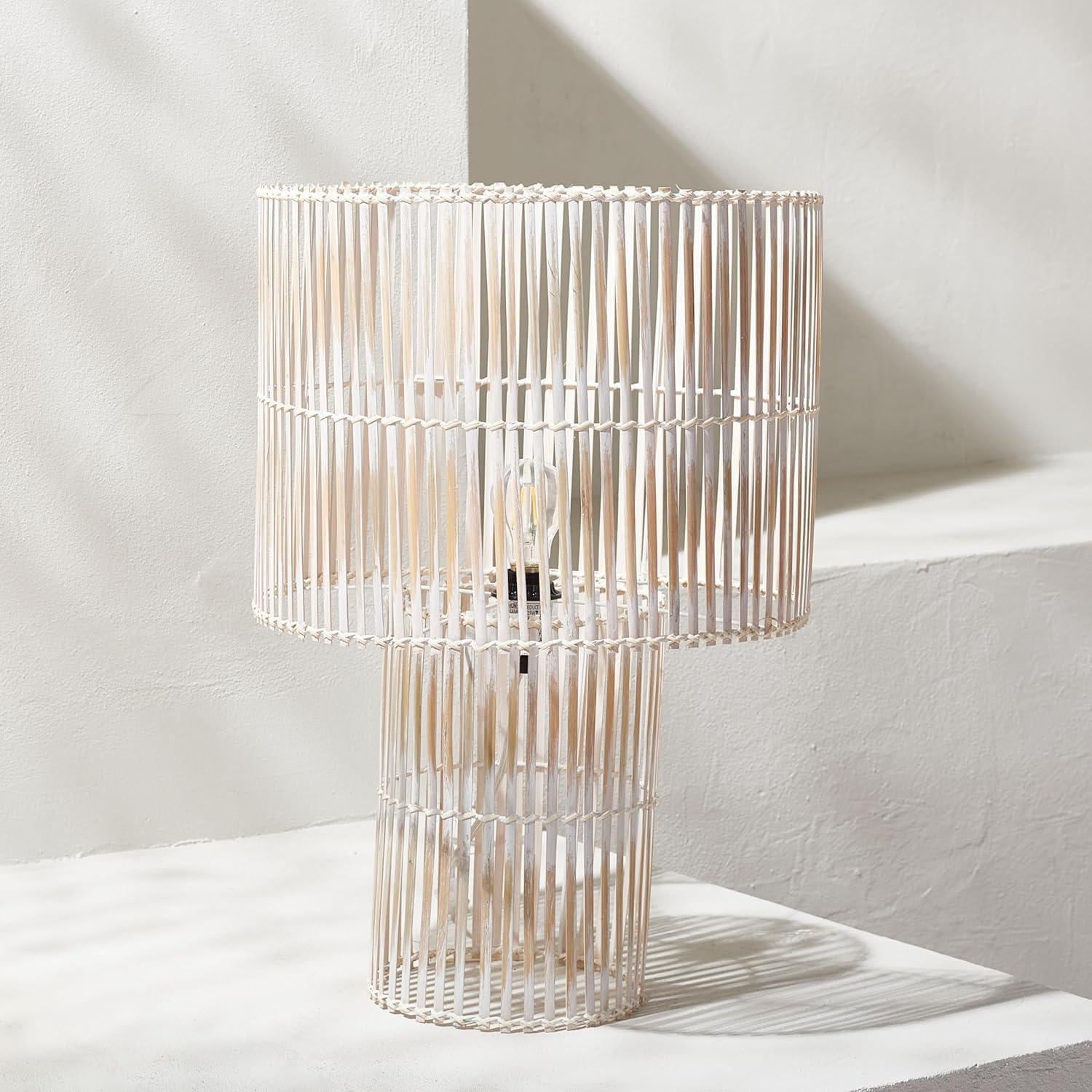 image:imageSAFAVIEH Lighting Collection Elara Rattan Natural 25inch Table Lamp LED Bulb IncludedWhite Washed