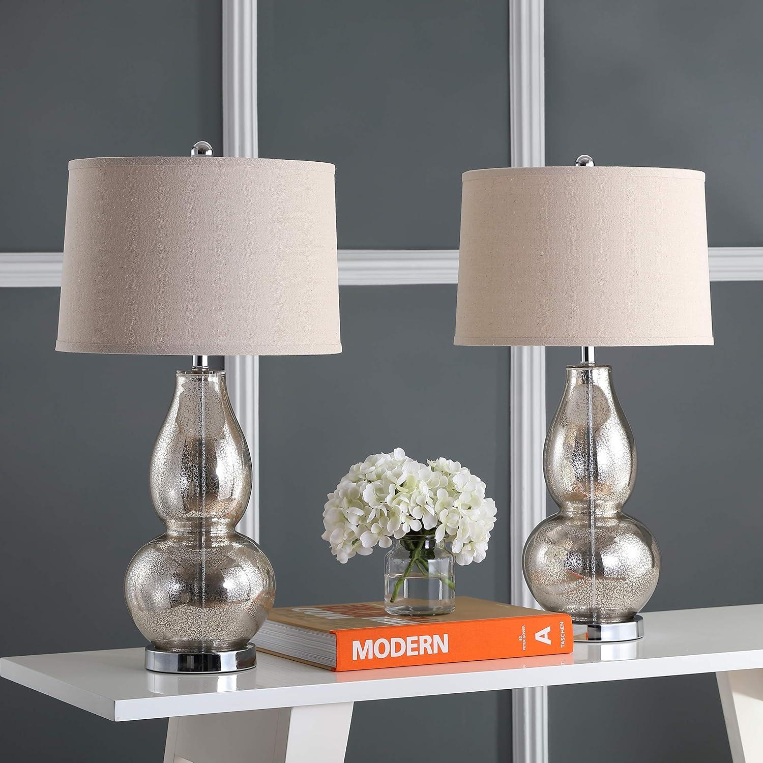 image:imageSAFAVIEH Lighting Collection Mercurio Blue Glass Double Gourd 29inch Bedroom Living Room Home Office Desk Nightstand Table Lamp Set of 2 LED Bulbs IncludedSilver