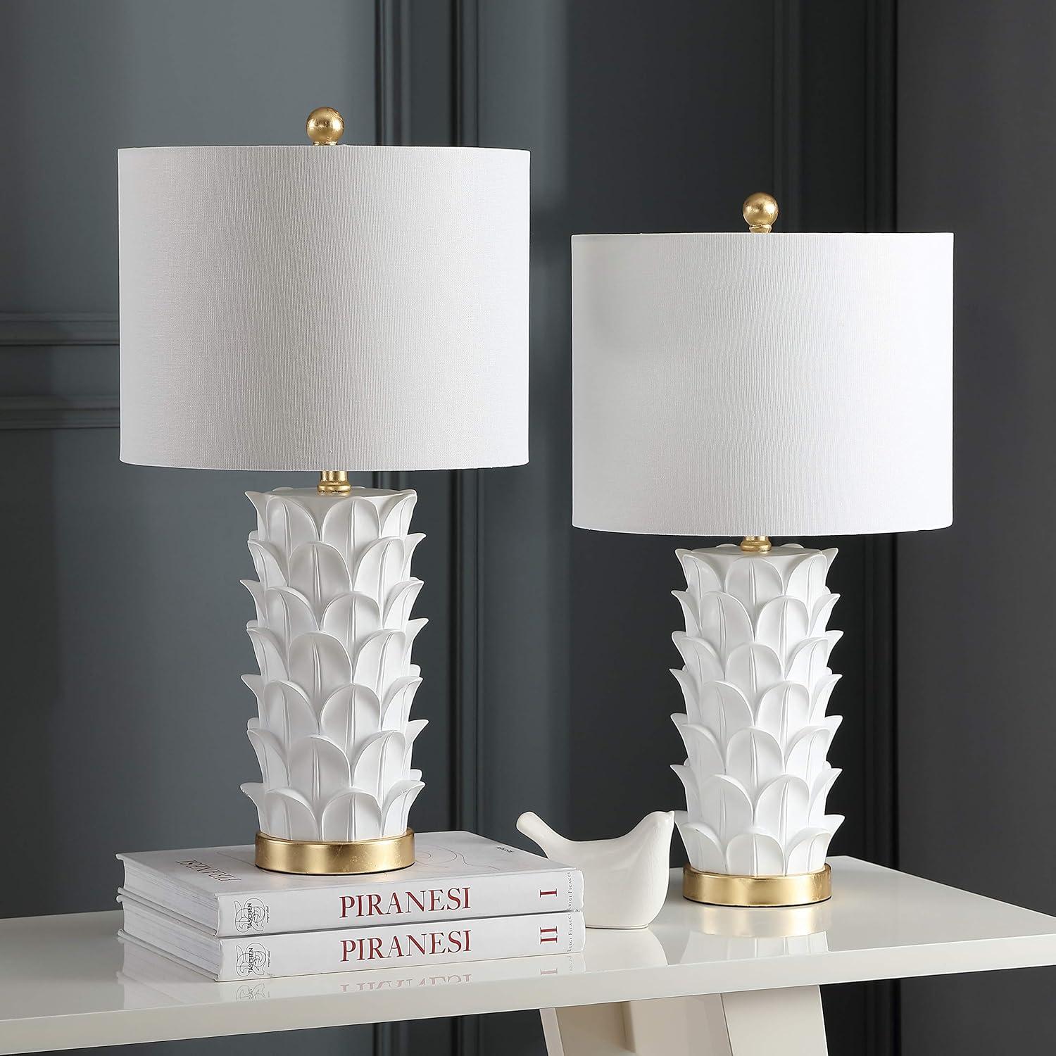 image:imageSAFAVIEH Lighting Collection Nico White Gold Leaf 25inch Bedroom Living Room Home Office Desk Nightstand Table Lamp Set of 2 LED Bulbs Included