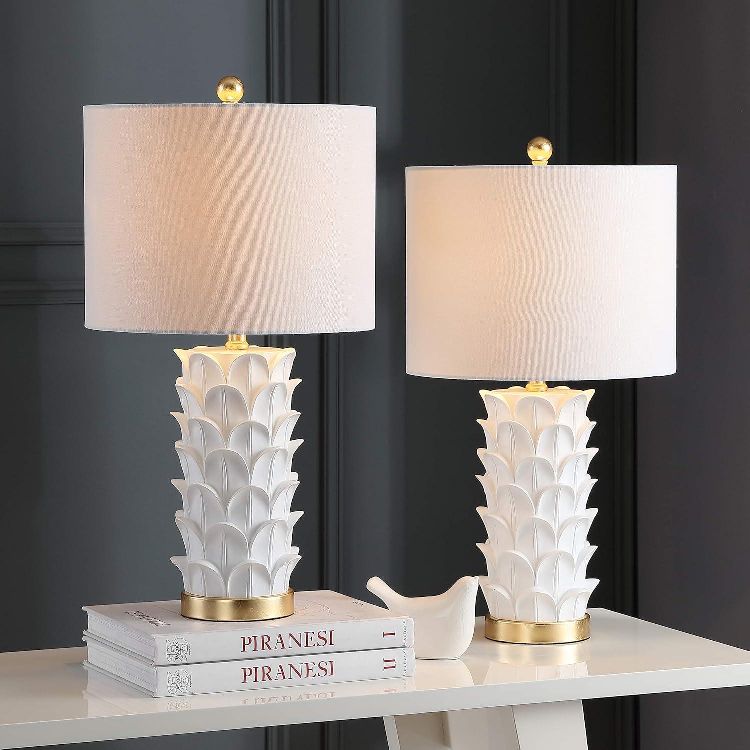 image:imageSAFAVIEH Lighting Collection Nico White Gold Leaf 25inch Bedroom Living Room Home Office Desk Nightstand Table Lamp Set of 2 LED Bulbs Included