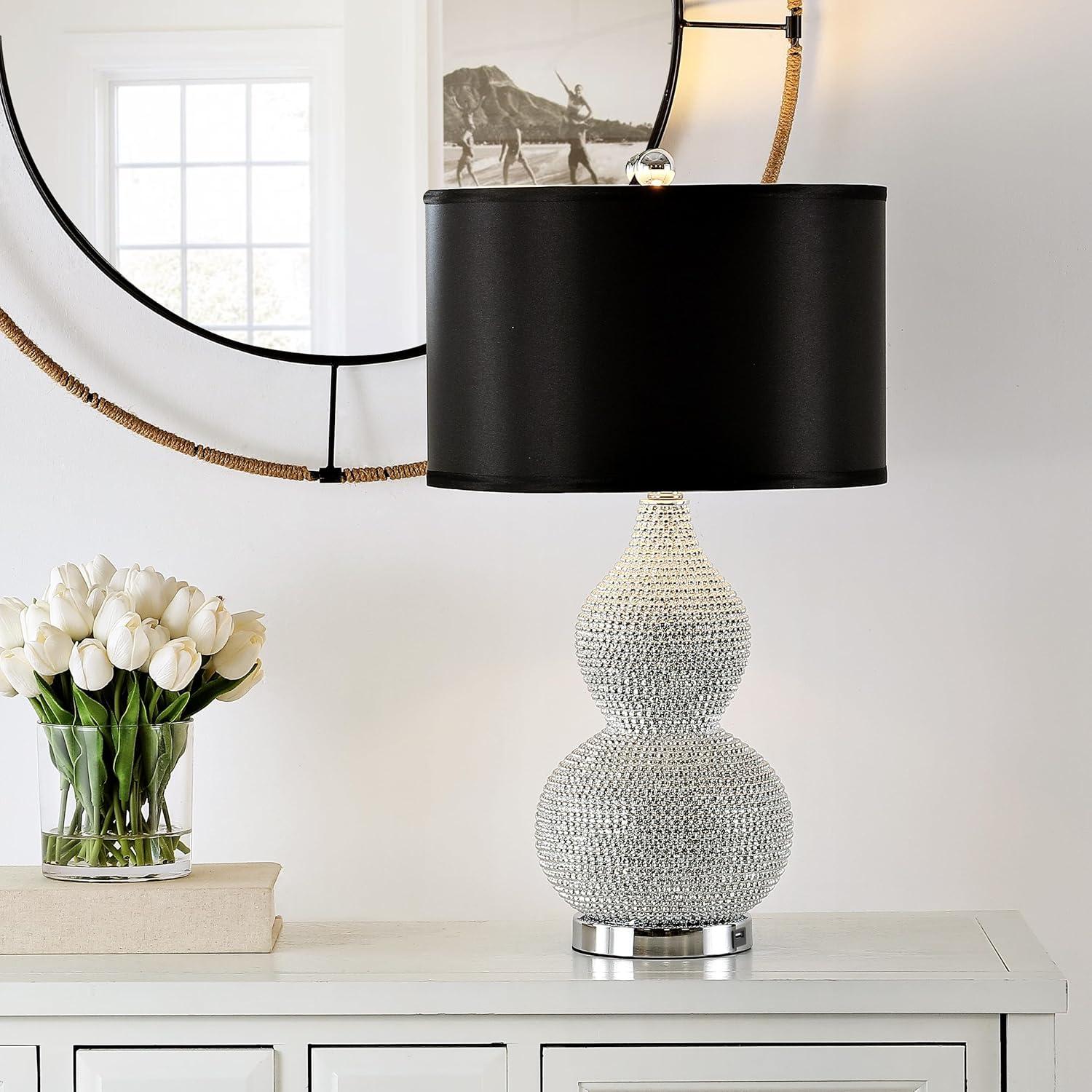 image:imageSAFAVIEH Lighting Collection Nicole Modern Silver Bead Base Black Shade 25inch Bedroom Living Room Home Office Desk Nightstand Table Lamp Set of 2 LED Bulbs IncludedSilver with USB